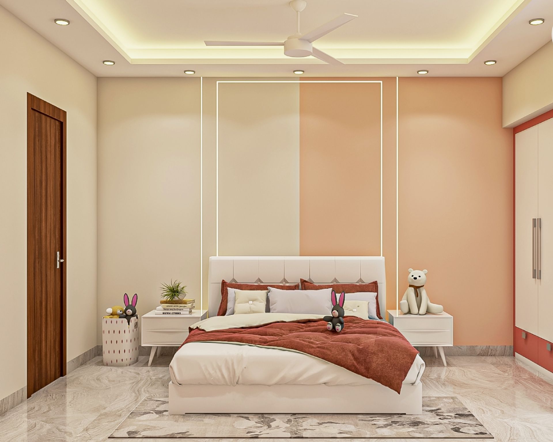 Kids Room Design With Brick Red And White Swing Wardrobe | Livspace