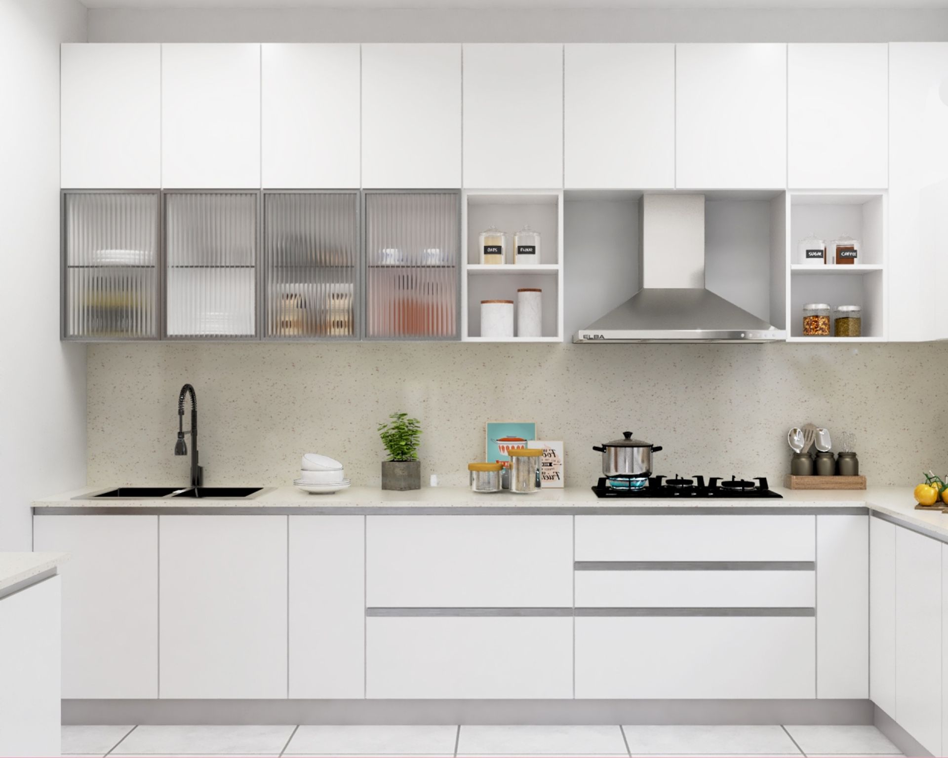 Suede Frosty White Modular Island Kitchen Design| Livspace