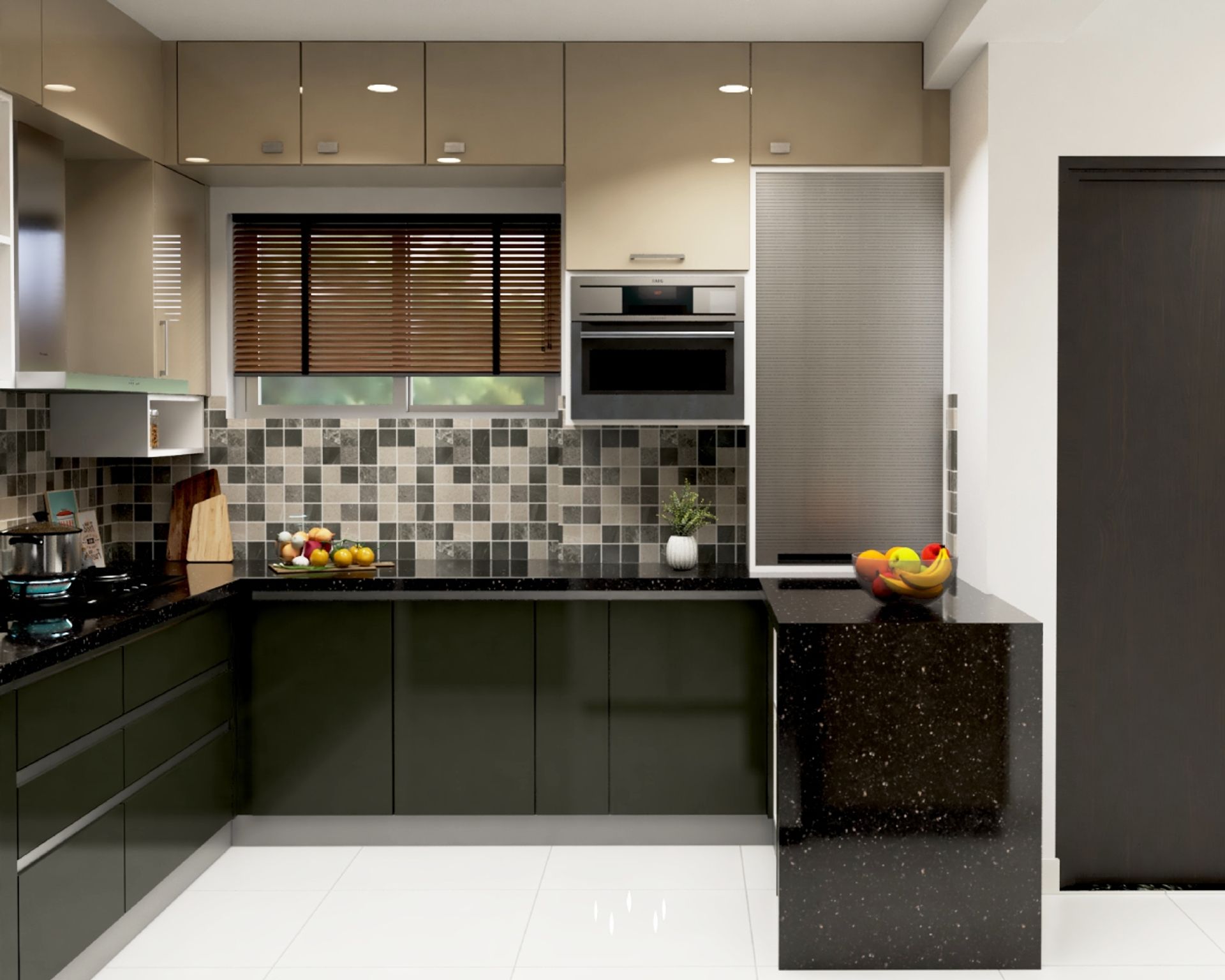 Modular L Shaped Kitchen Design With Multicoloured Mosaic Dado Tiles ...