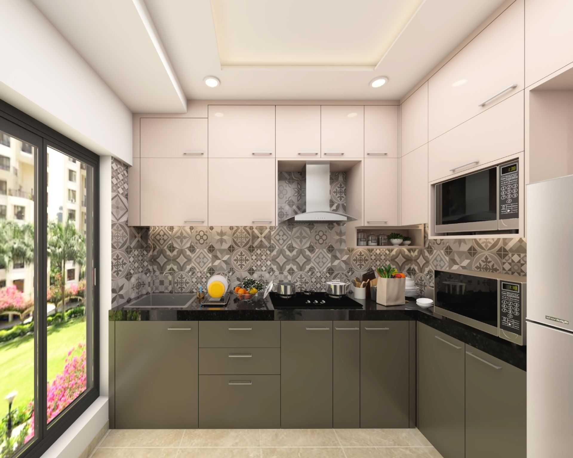 Modular L Shape Kitchen Design With Grey And Black Patterned Dado Tiles ...