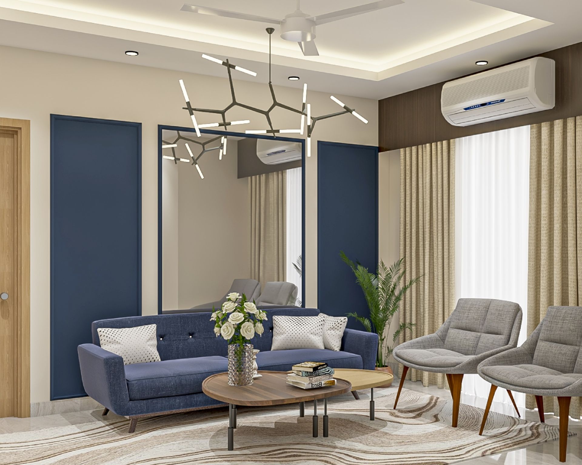 Blue And Grey Living Room Design With Mirrored Accent Wall | Livspace