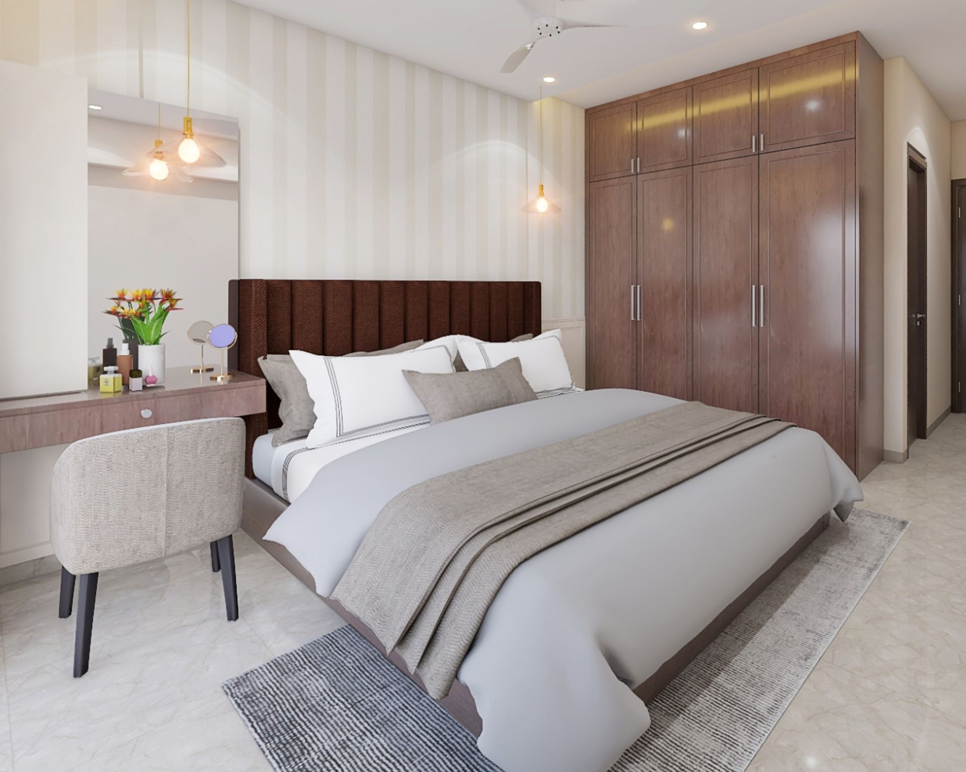 Master Bedroom Design With Beige And White Striped Wallpaper | Livspace