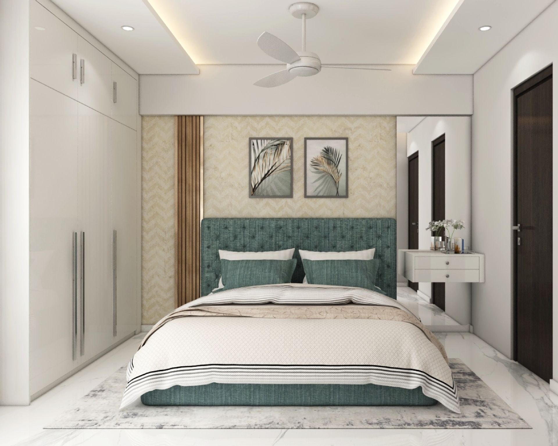 Master Bedroom Design With Herringbone Patterned Beige Wallpaper | Livspace