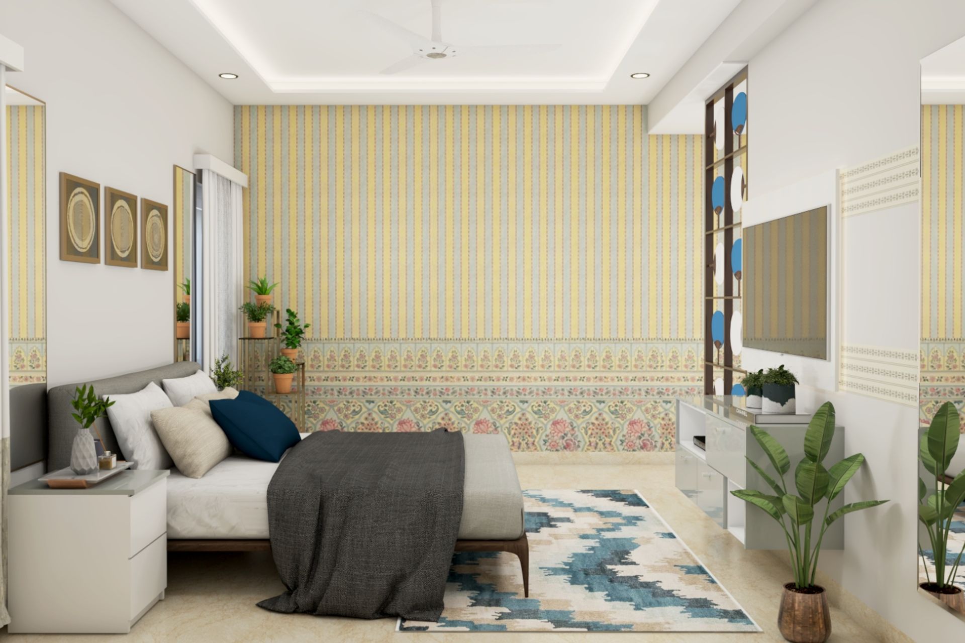 Multicoloured Striped Floral Bedroom Wallpaper Design | Livspace