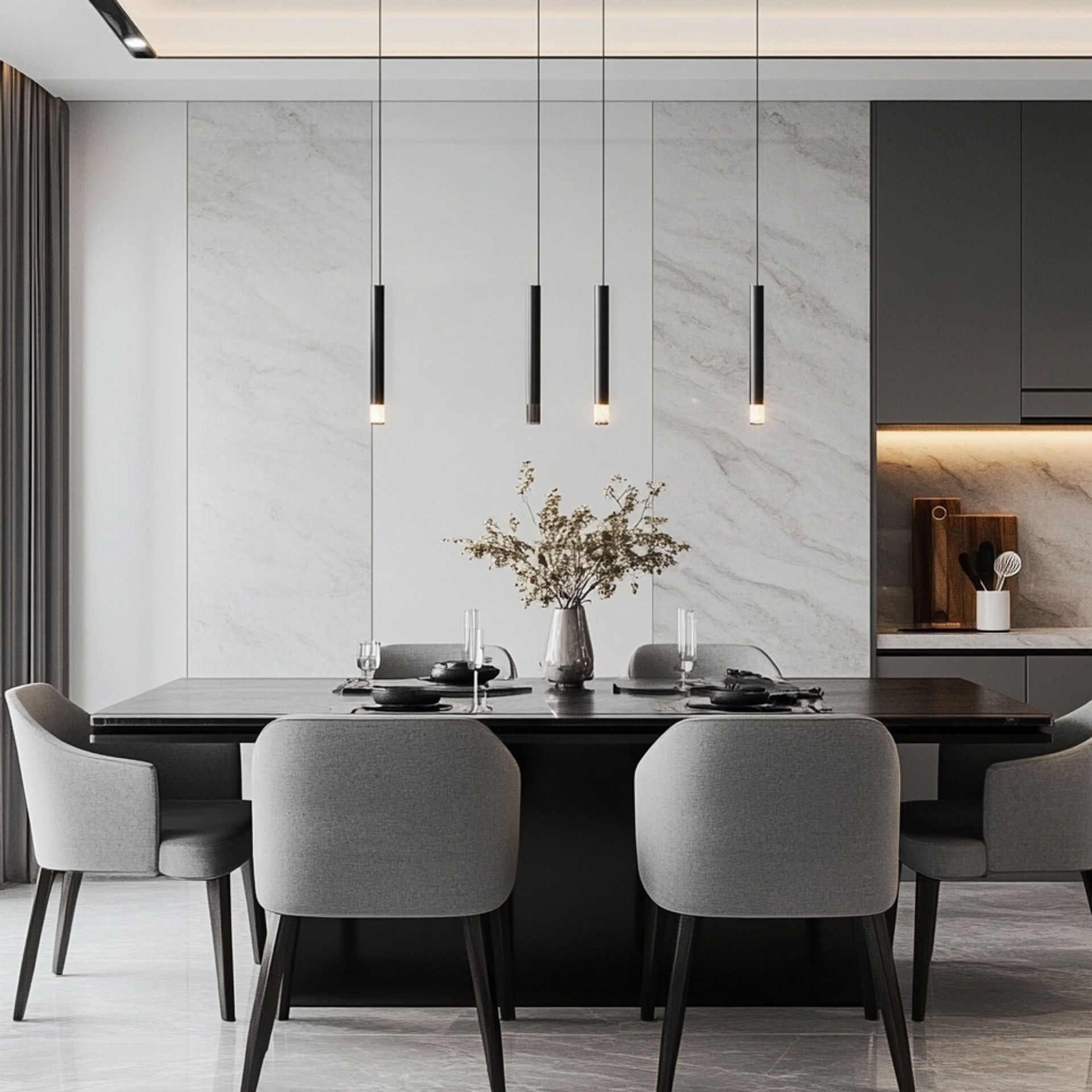 Dining Room Design with Minimal 6-Seater Table, Grey Chairs, and Marble ...