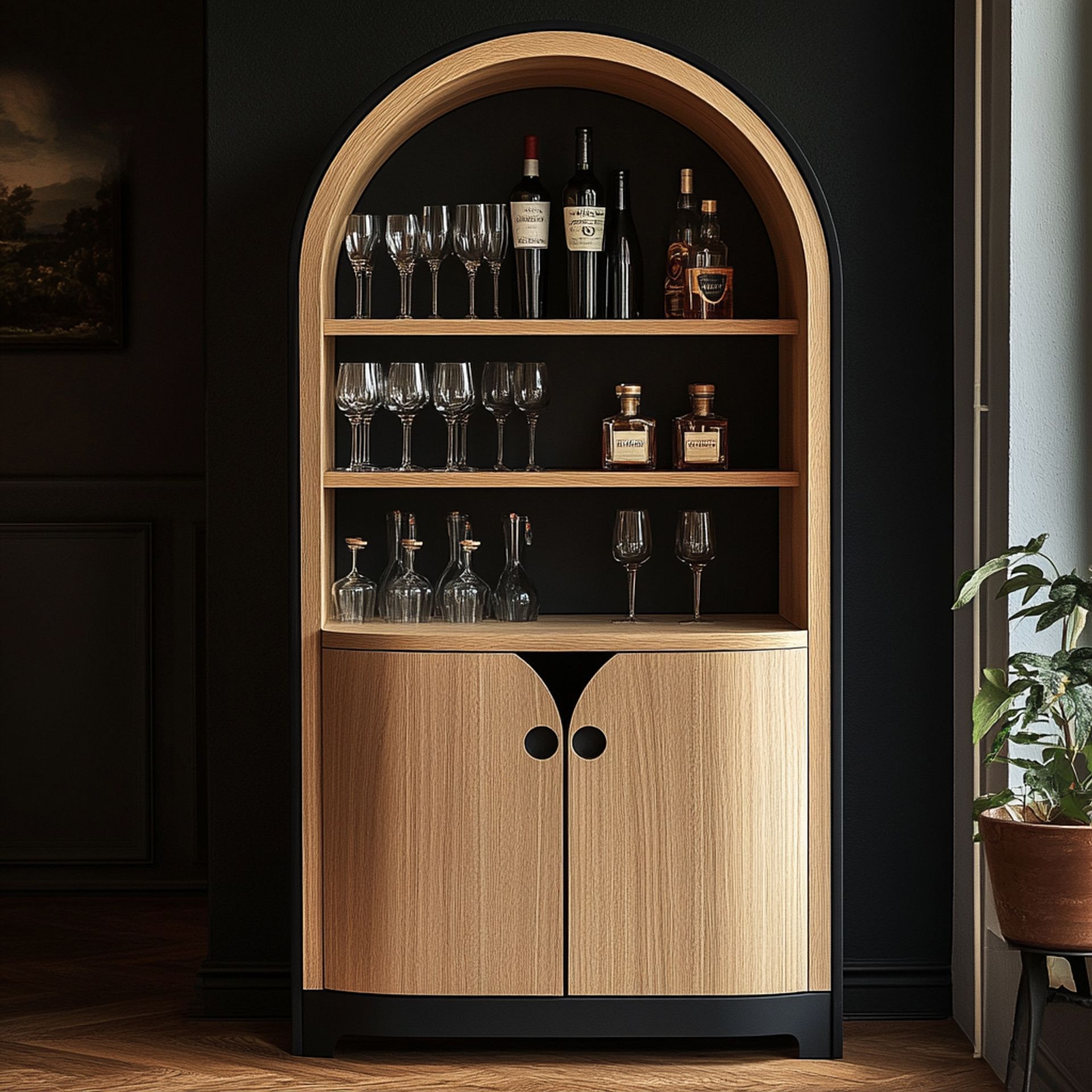 Home Bar Design with Contemporary Open Shelves and Closed Base Cabinets ...