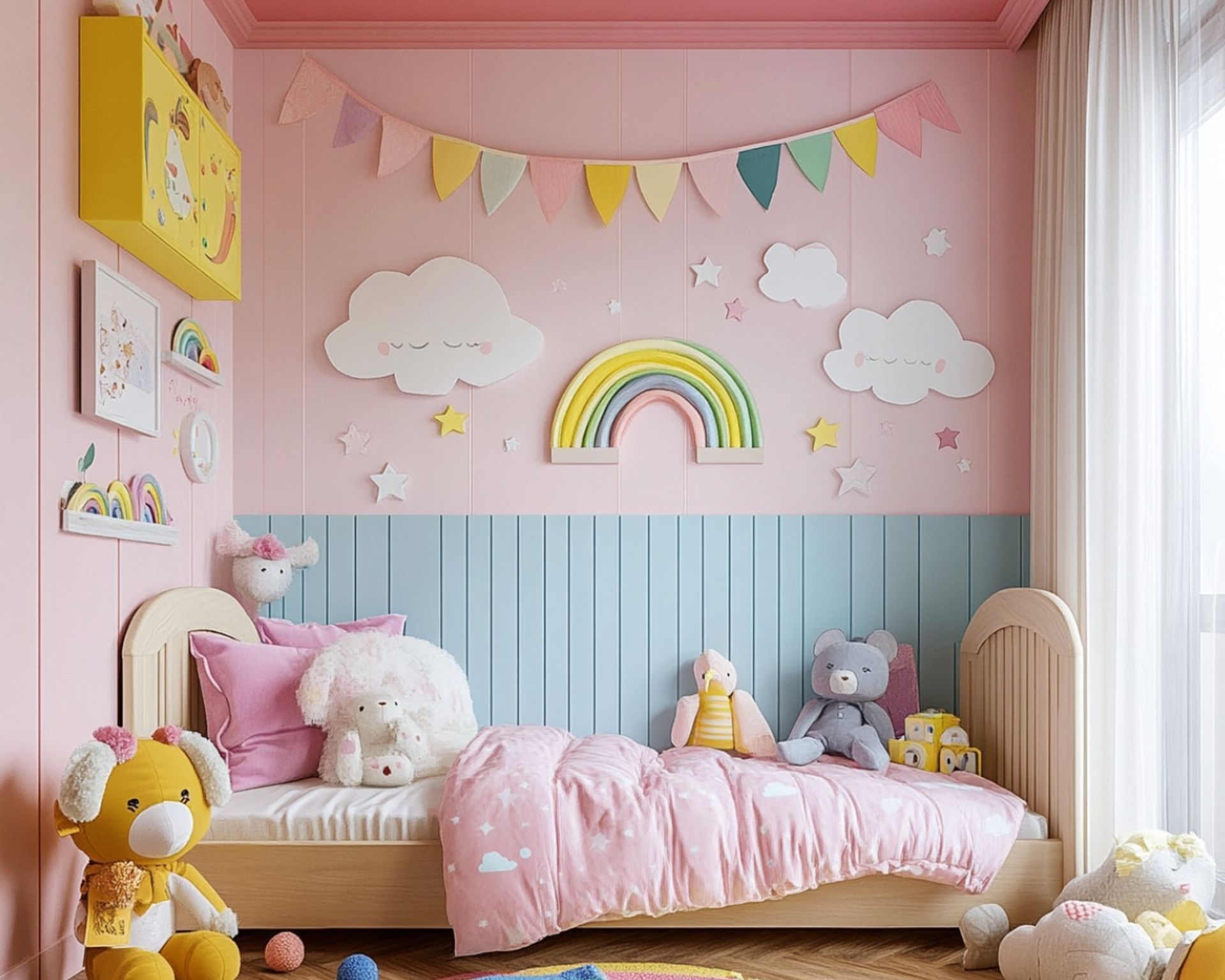 Toddler-Friendly Contemporary Kids Bedroom Design with Clouds, Rainbow ...