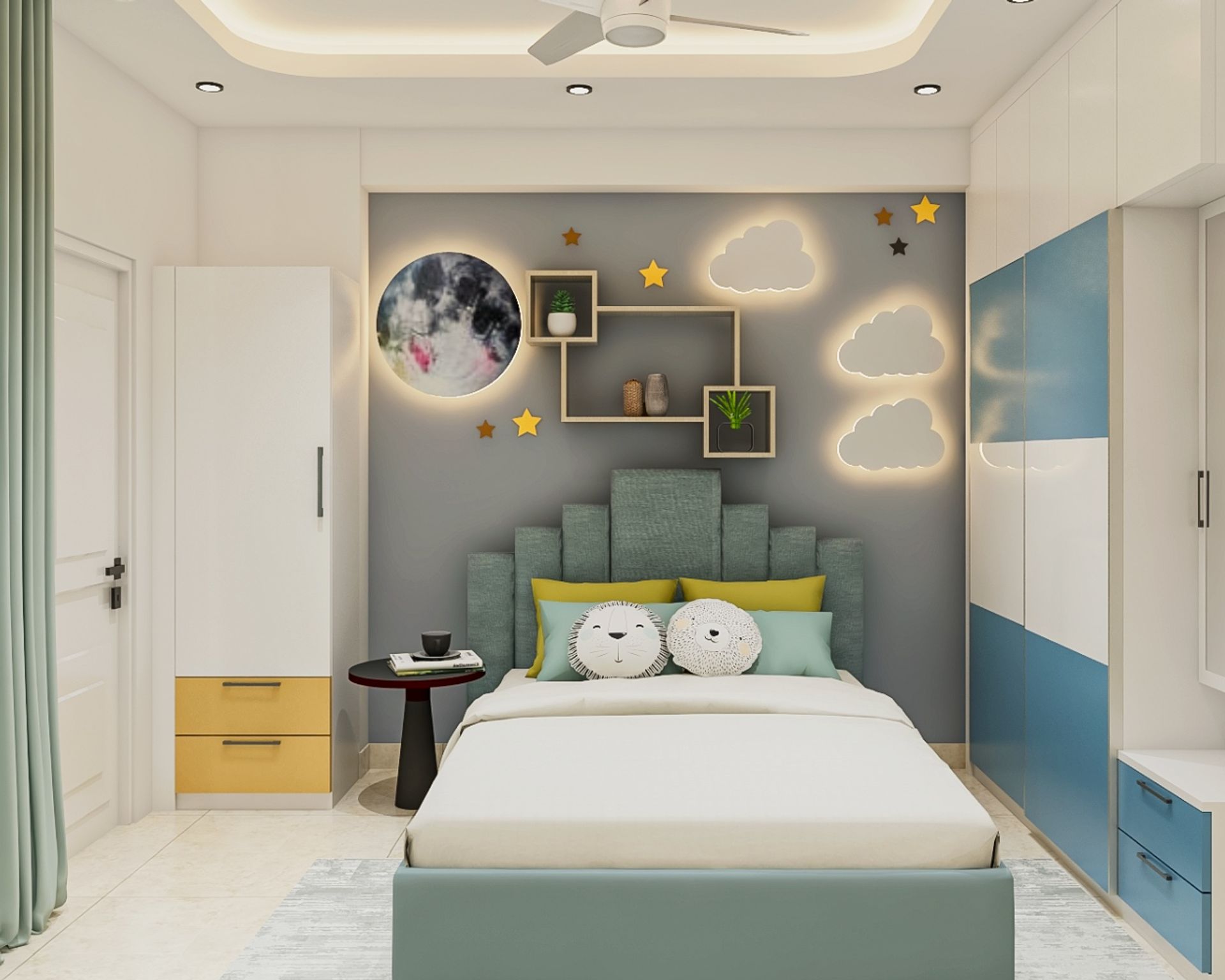 Kids Bedroom Design with Modern Queen Bed, Loft and Illuminated Cloud ...