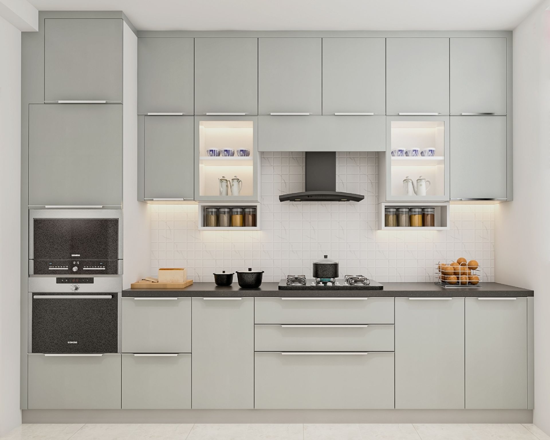 Parallel Kitchen Racks Modern Parallel Kitchen Design Featuring Grey Units, Wicker Basket and ...