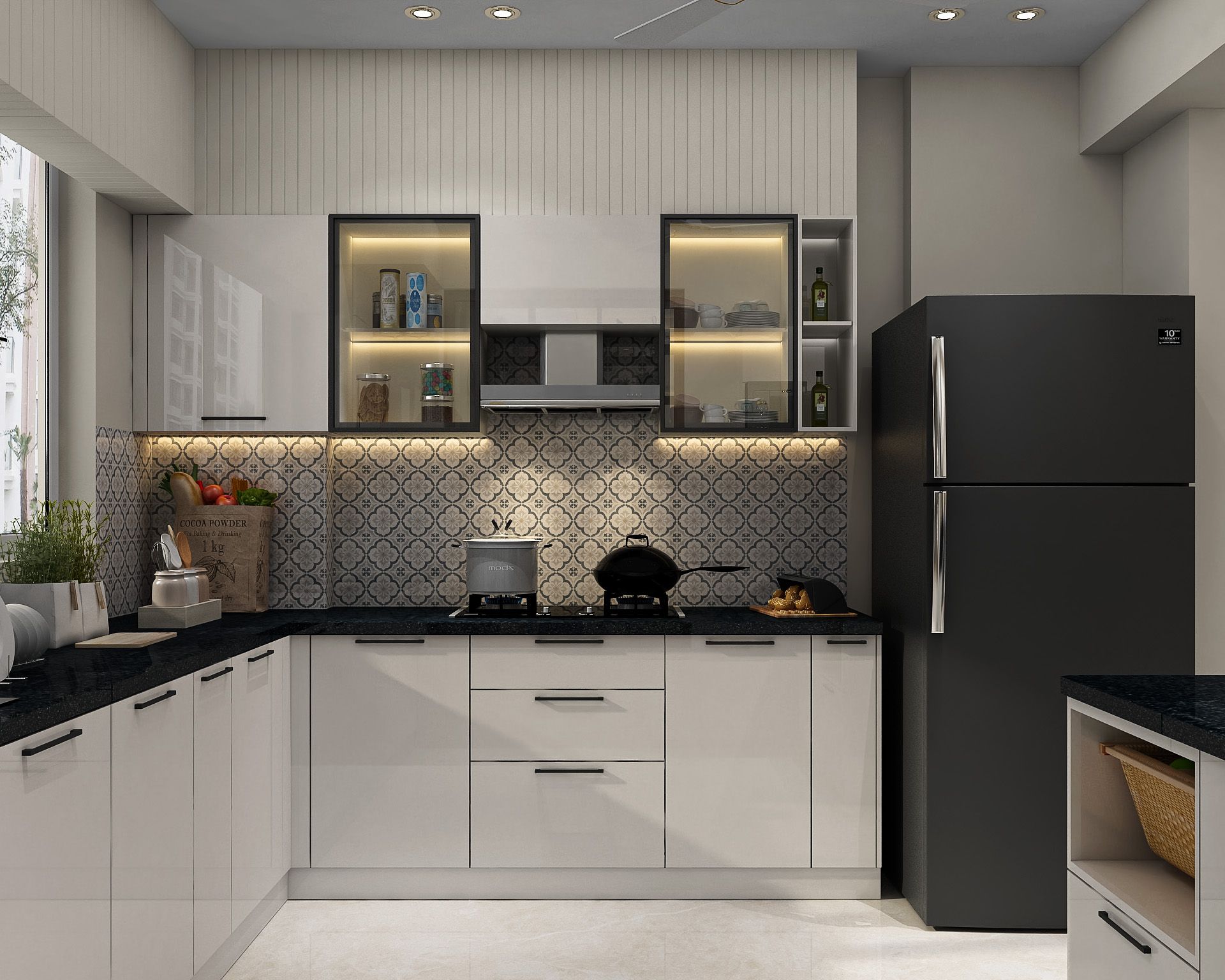 Modern L-Shaped Kitchen Design with Quartz Countertop and Multicoloured ...