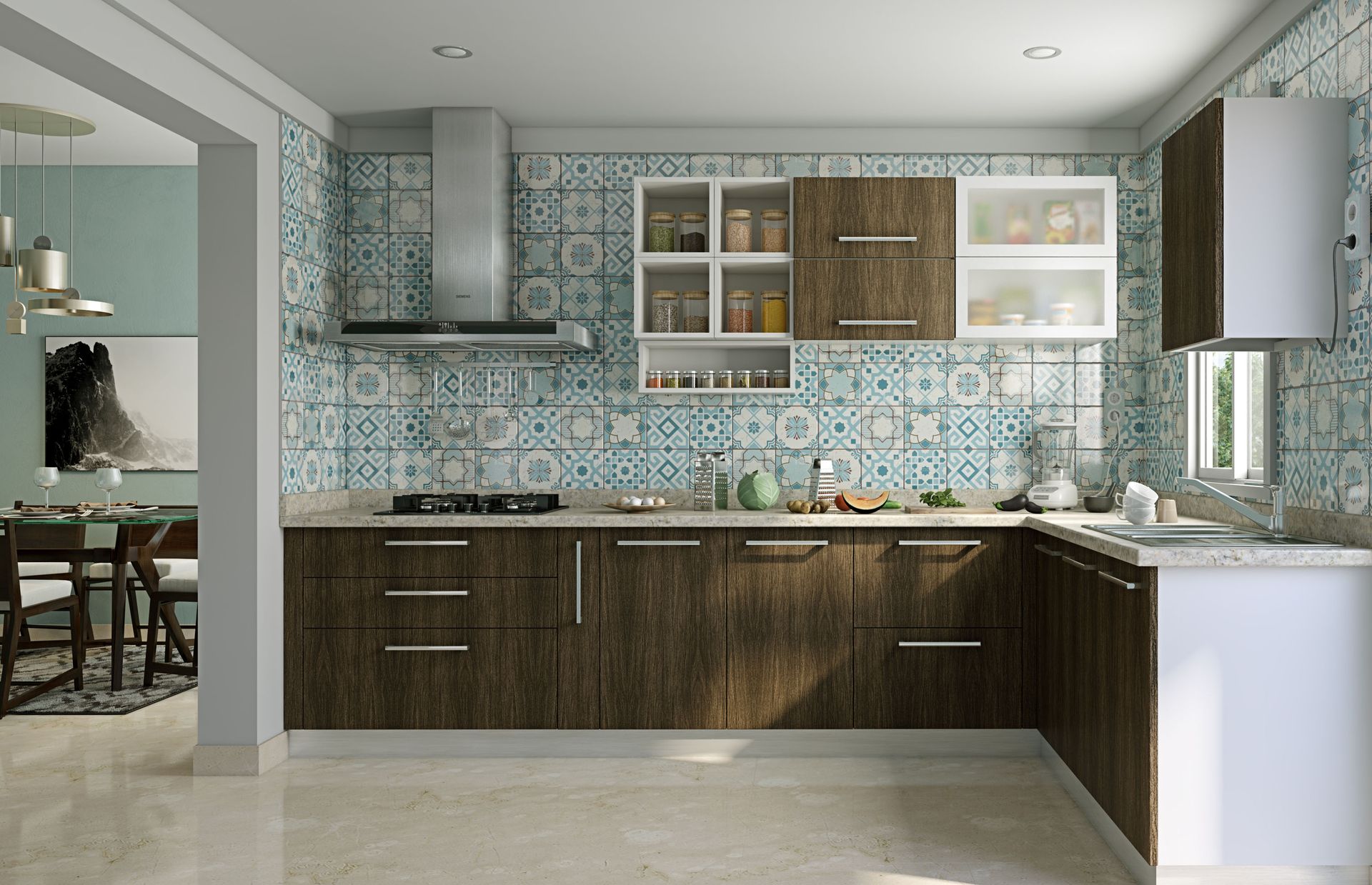 L-Shaped Mid-Century Modern Kitchen Design with Marble Countertop, Blue ...