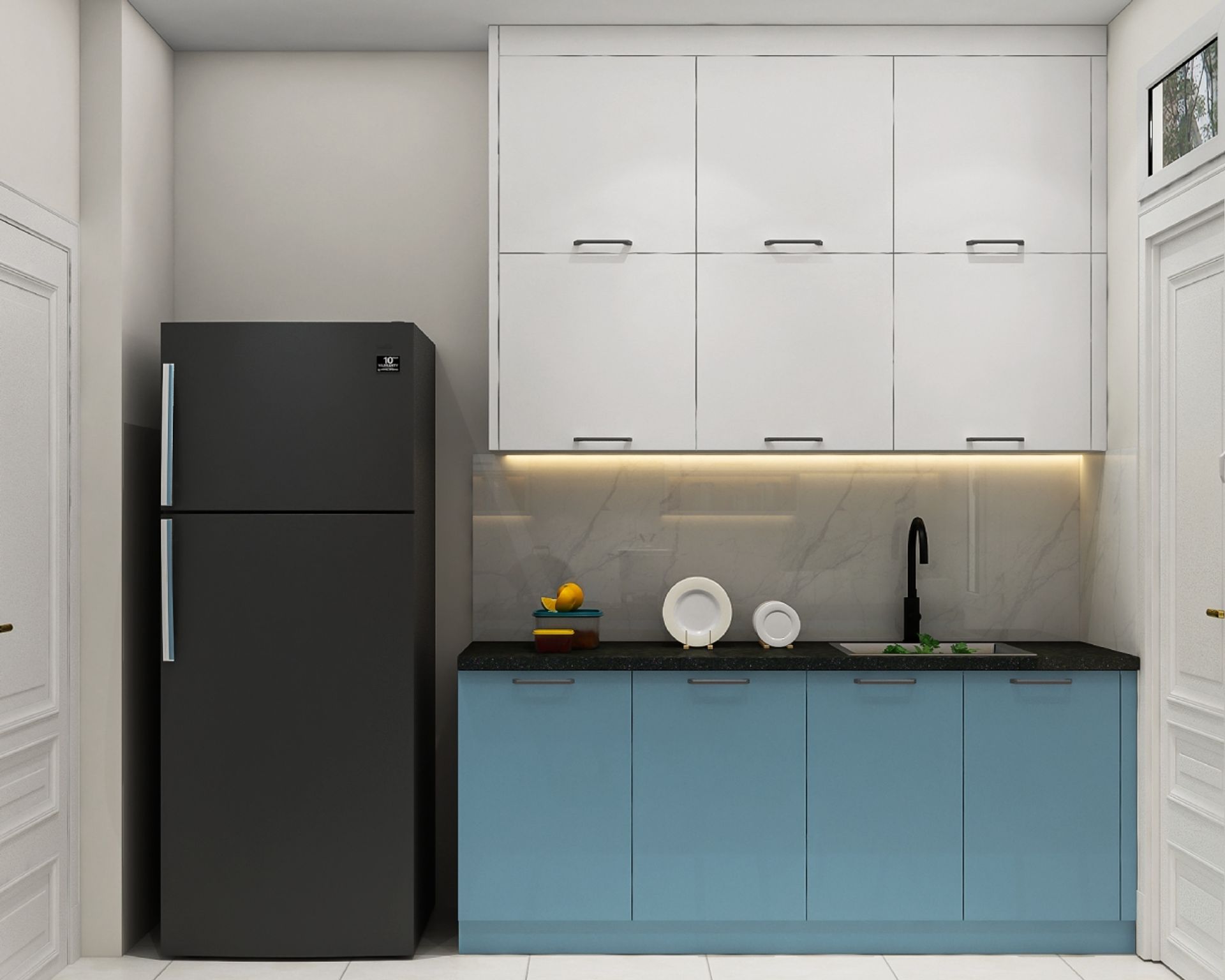 Modern Parallel Kitchen Design with White and Blue Units, Granite ...