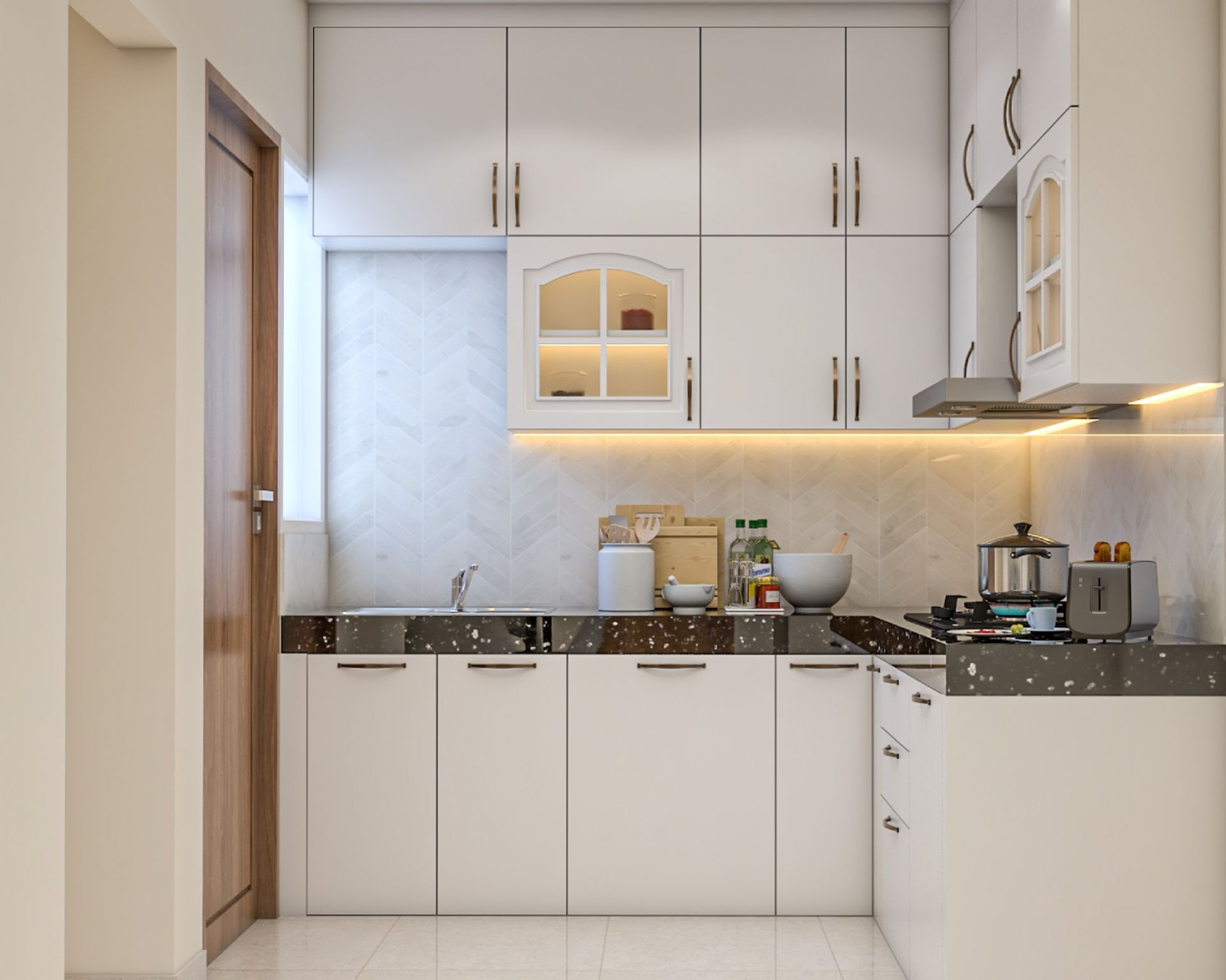 Contemporary L-Shaped Kitchen Design with Loft Storage and Under ...