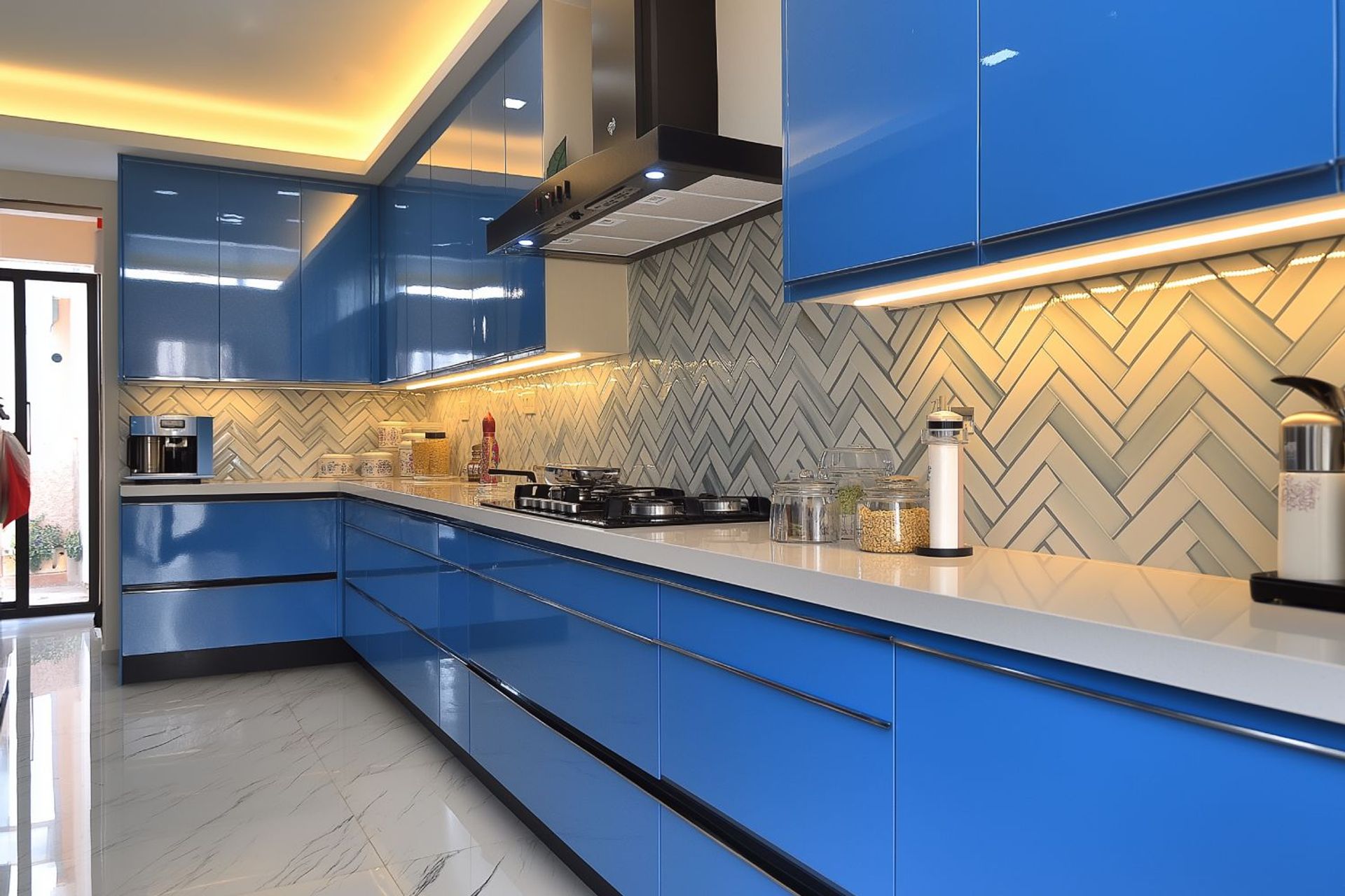 L-Shaped Kitchen Design with Contemporary Bold Blue Cabinets and Open ...
