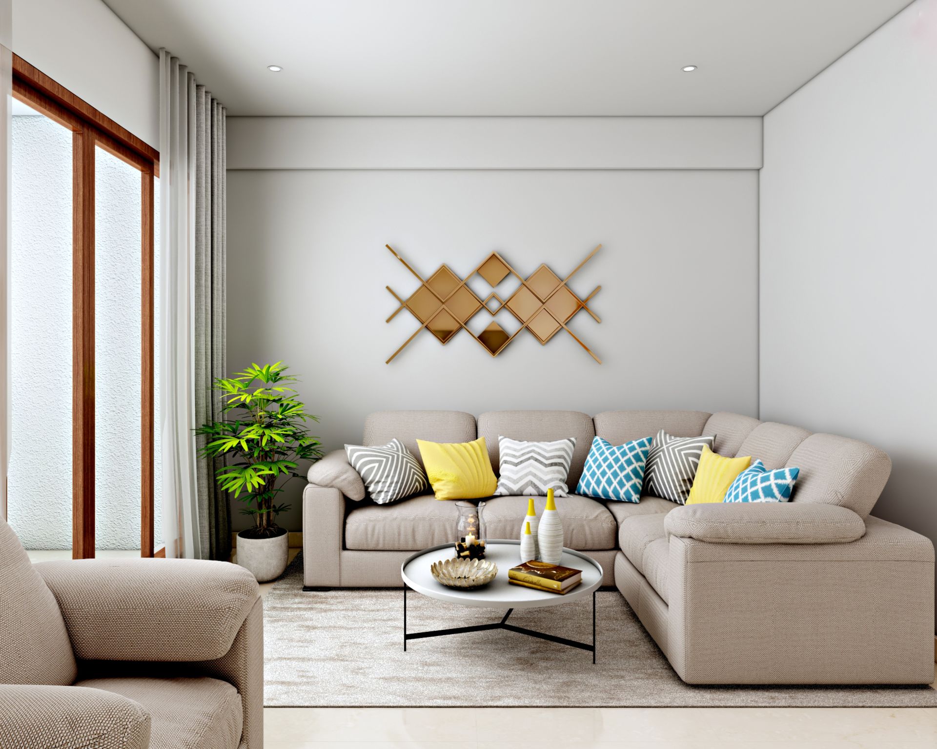 Living Room Design with Contemporary Cream L-shape Sofa and Geometric ... - Textured Apartment Decor With L-Shape Sofa