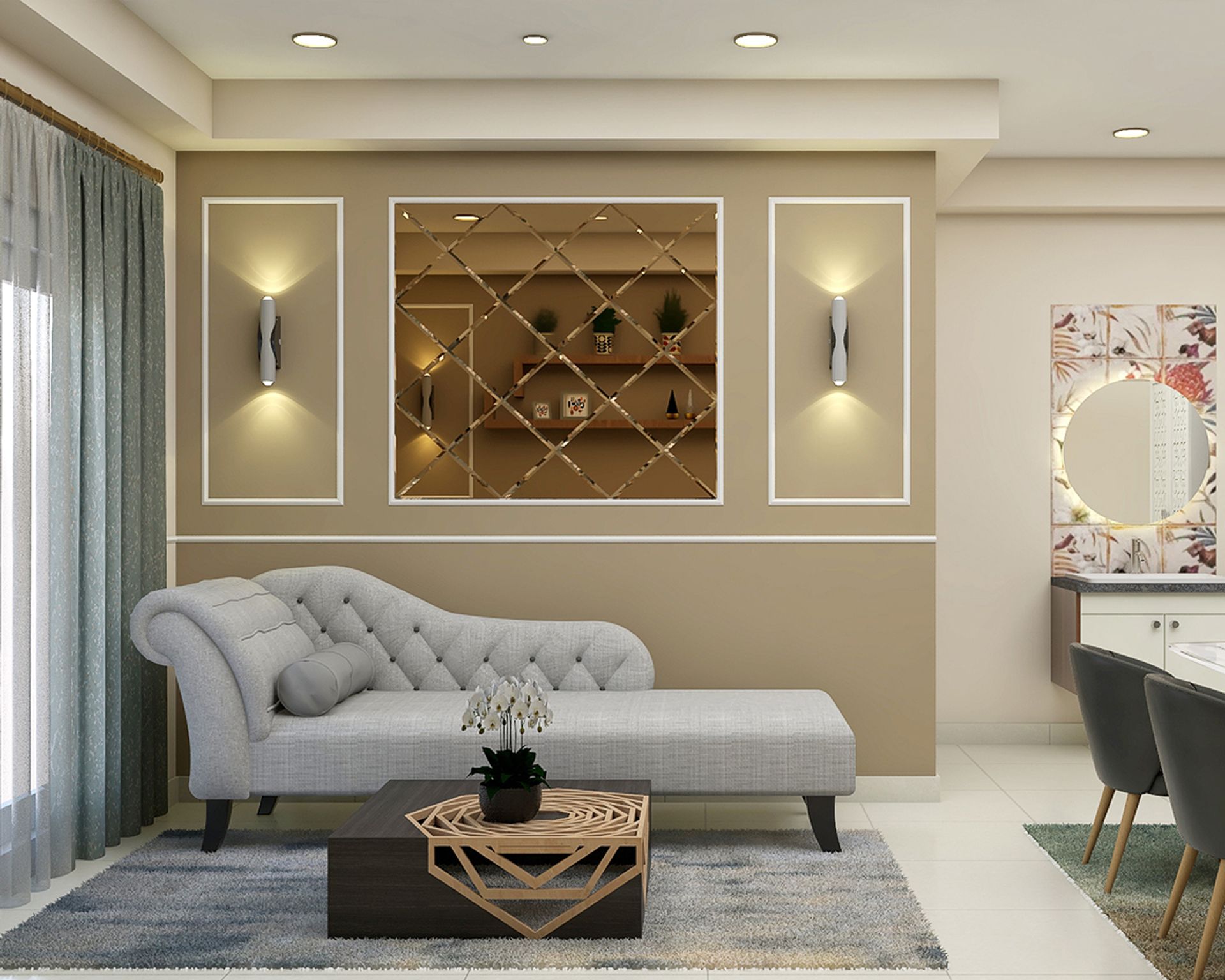 3-Seater Grey Sofa with Wall Trim Design and Brown Mirror for Modern ...