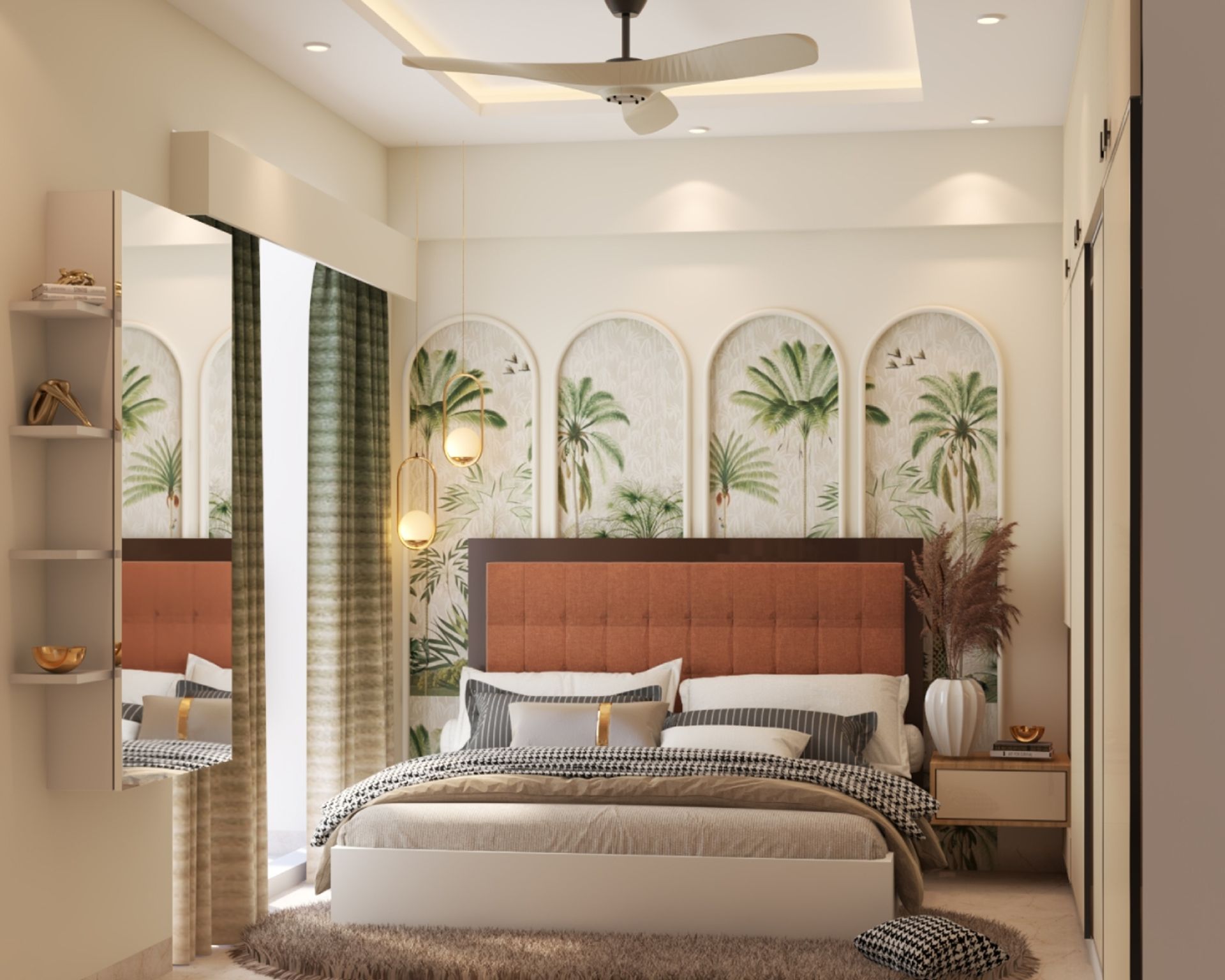 Master Bedroom Design with Tropical Pattern Wallpaper, Wall Trims and ...