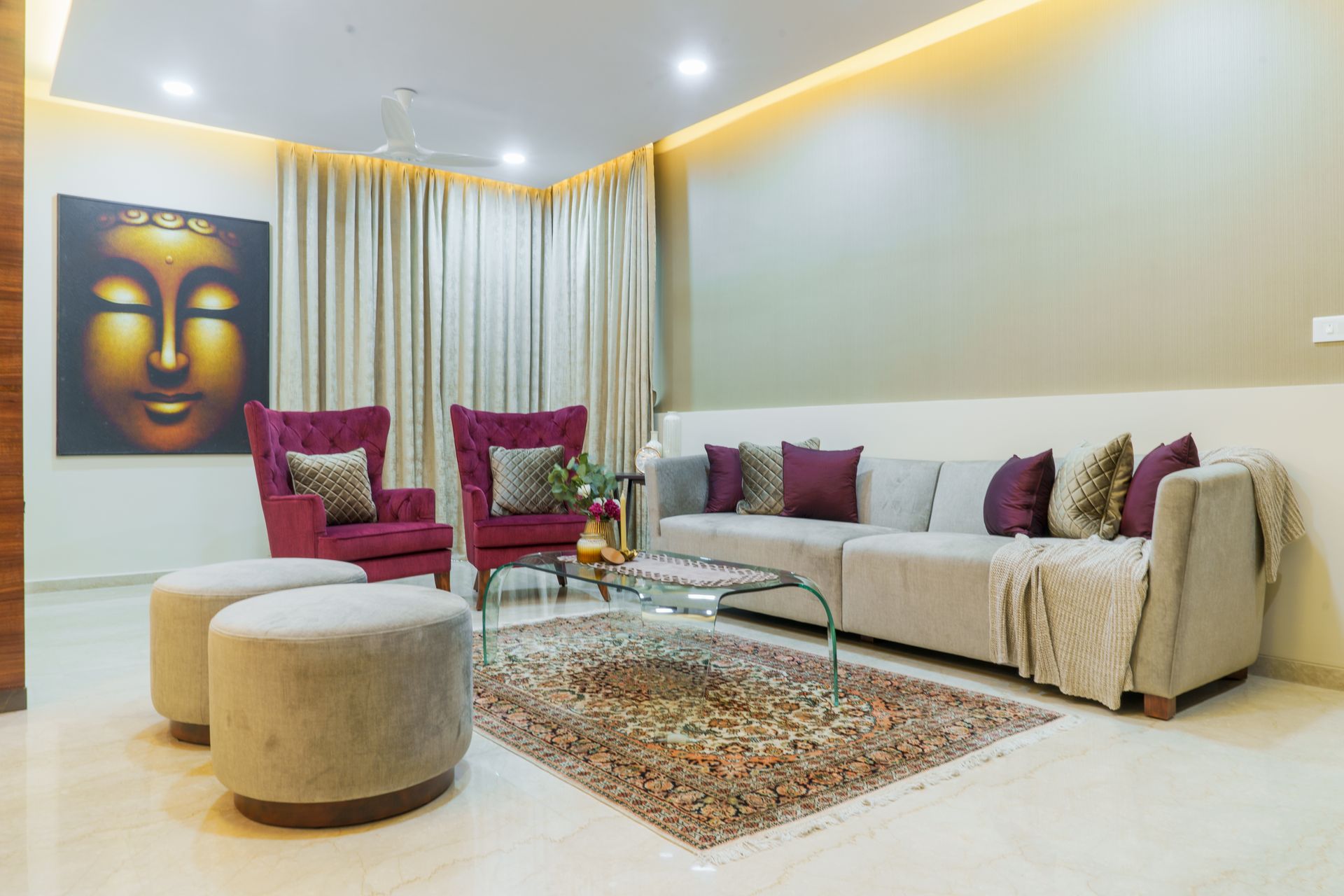 Subtle Toned Modern Themed Spacious Living Room Design | Livspace
