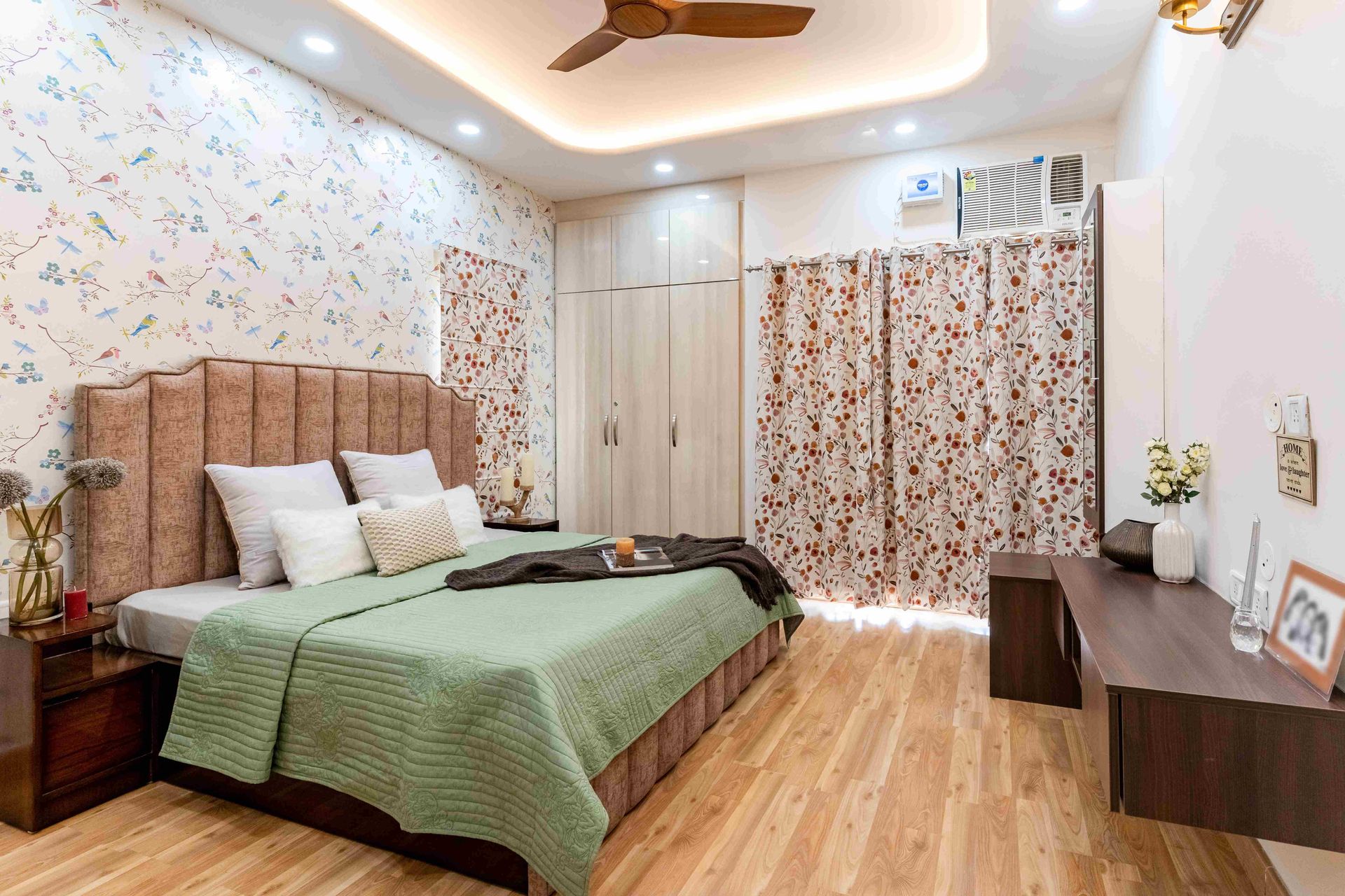 Compact Bedroom Design With A Double Bed And Wooden Side Tables | Livspace