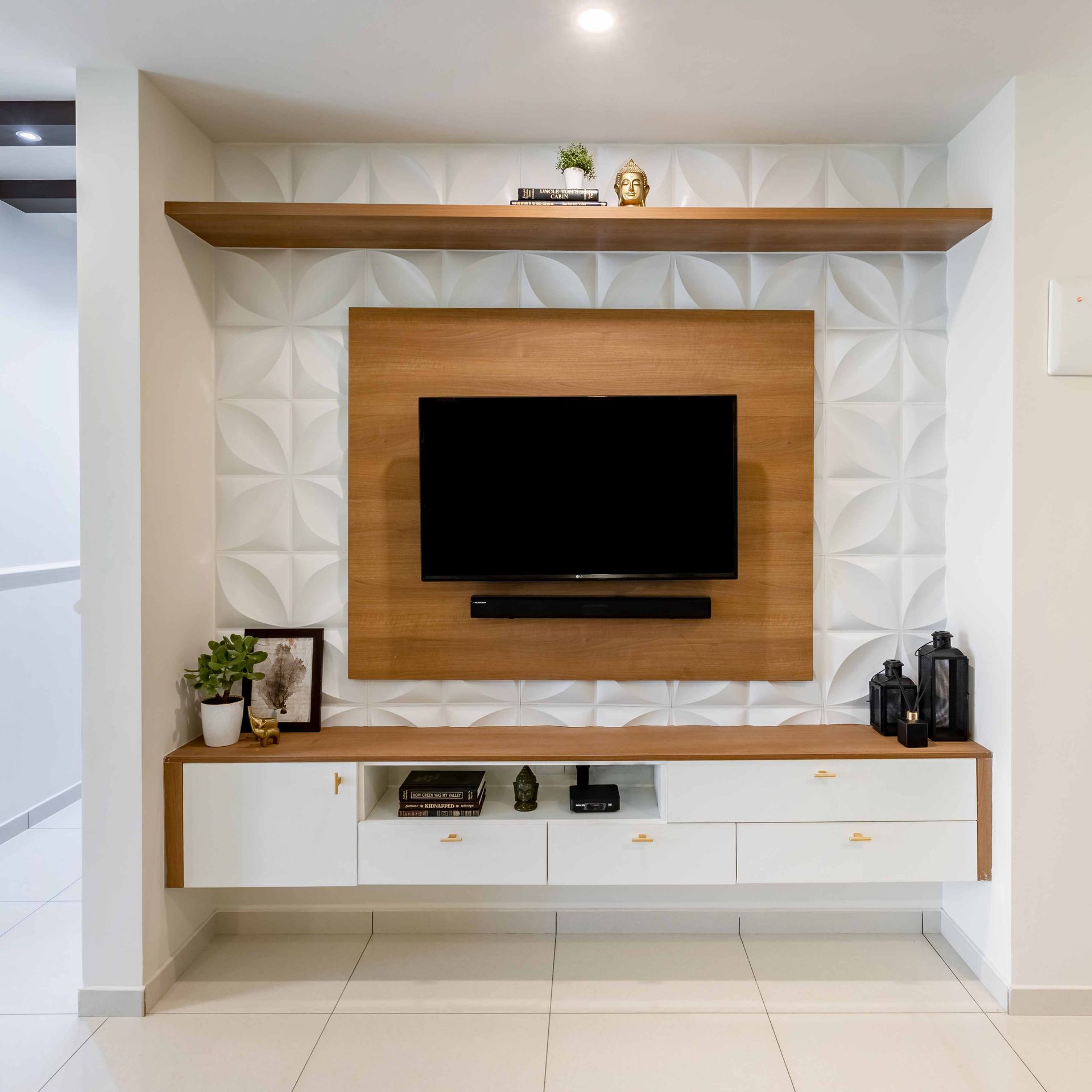 White And Brown Wall Design For Living Rooms Livspace