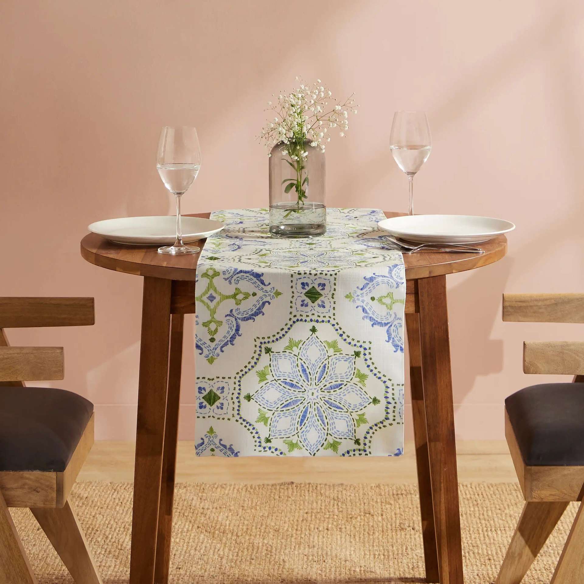 Ethnic 319 GSM 100% Polyester Blue Table Runner | Nonna's Home