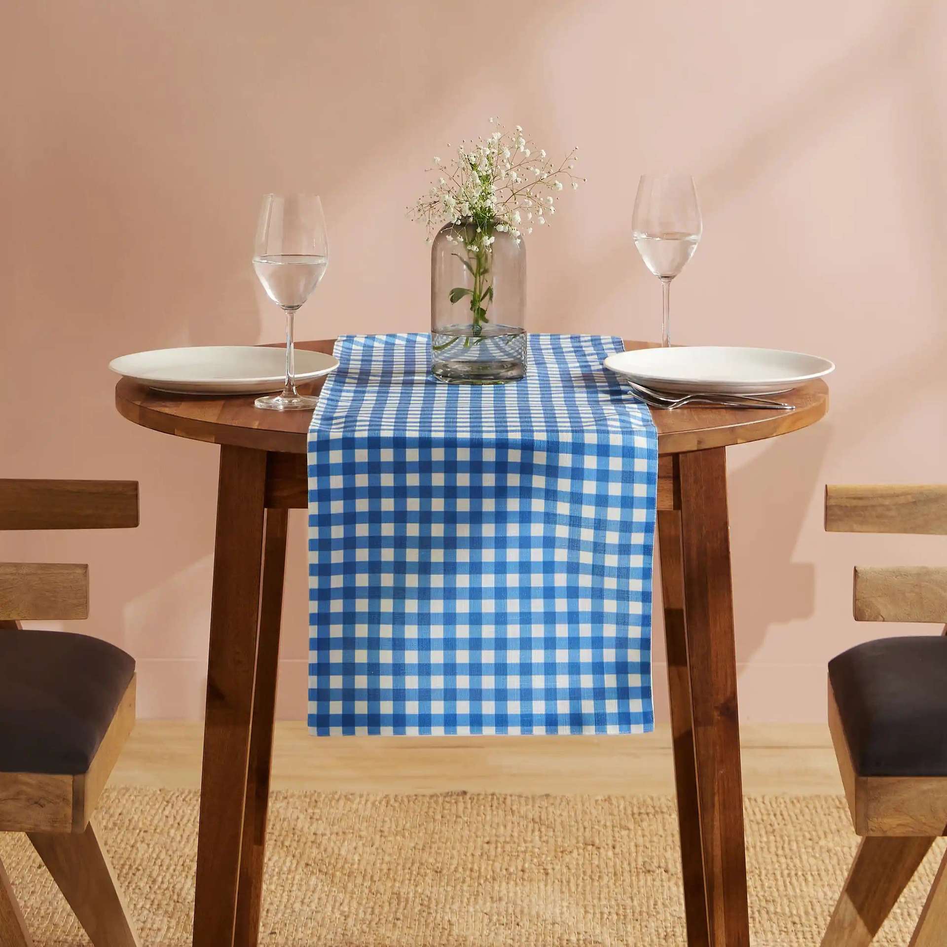 Big Gingham 319 GSM 100% Polyester Blue Table Runner | Nonna's Home