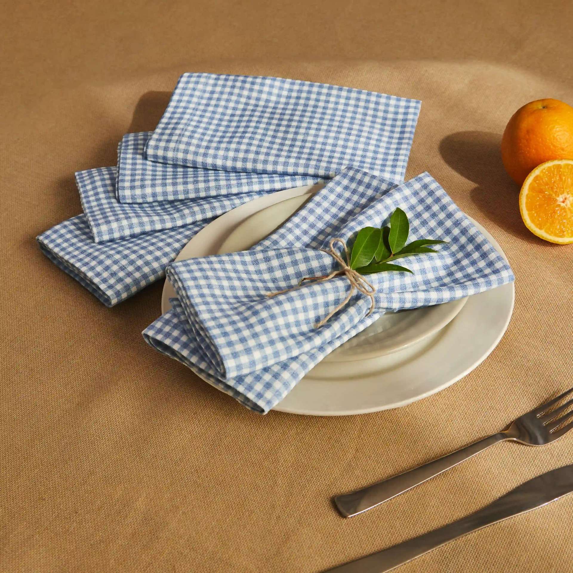 Small Gingham 280 GSM 100% Cotton Blue Set of 4 Table Napkin | Nonna's Home