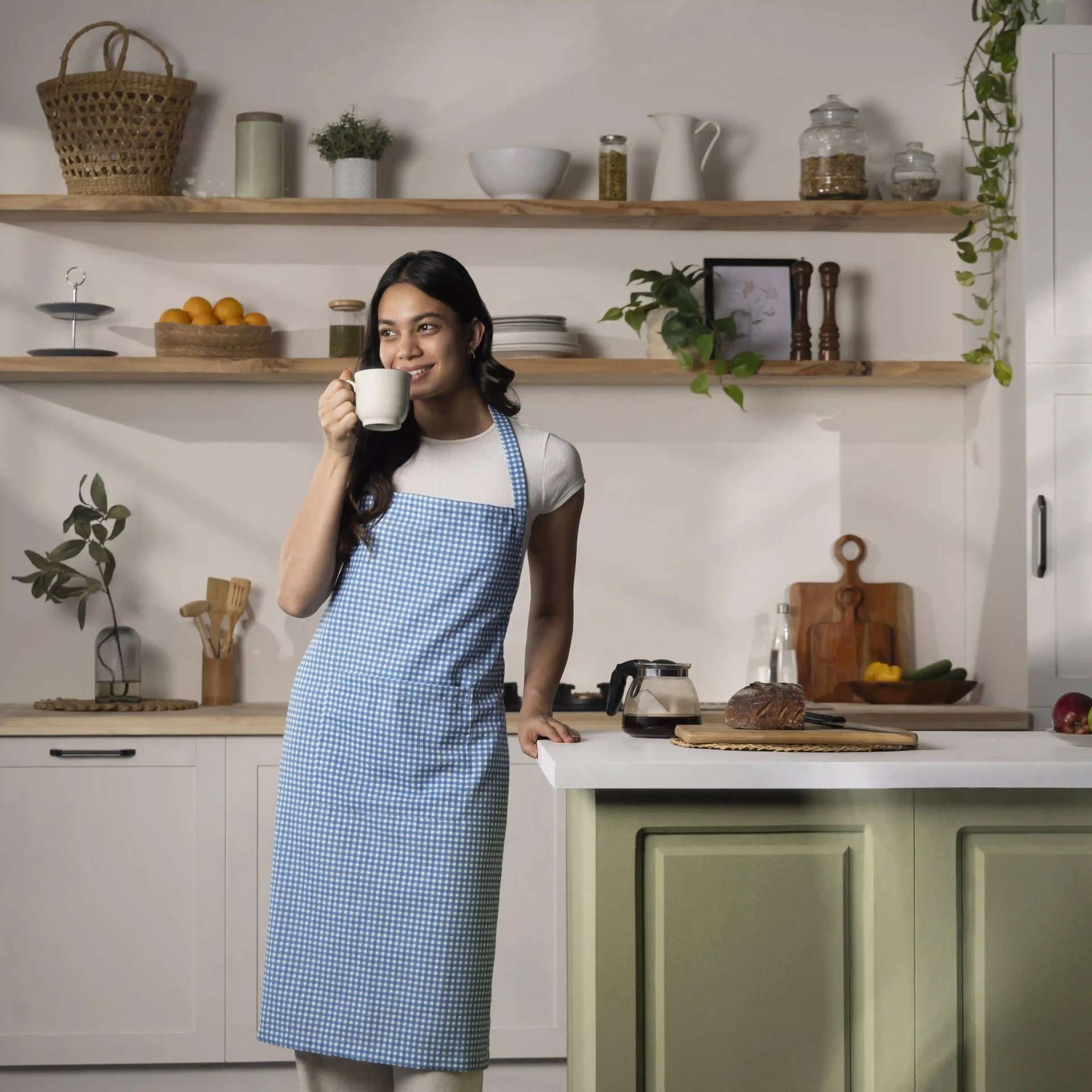 Small Gingham 100% Polyester Blue Apron | Nonna's Home