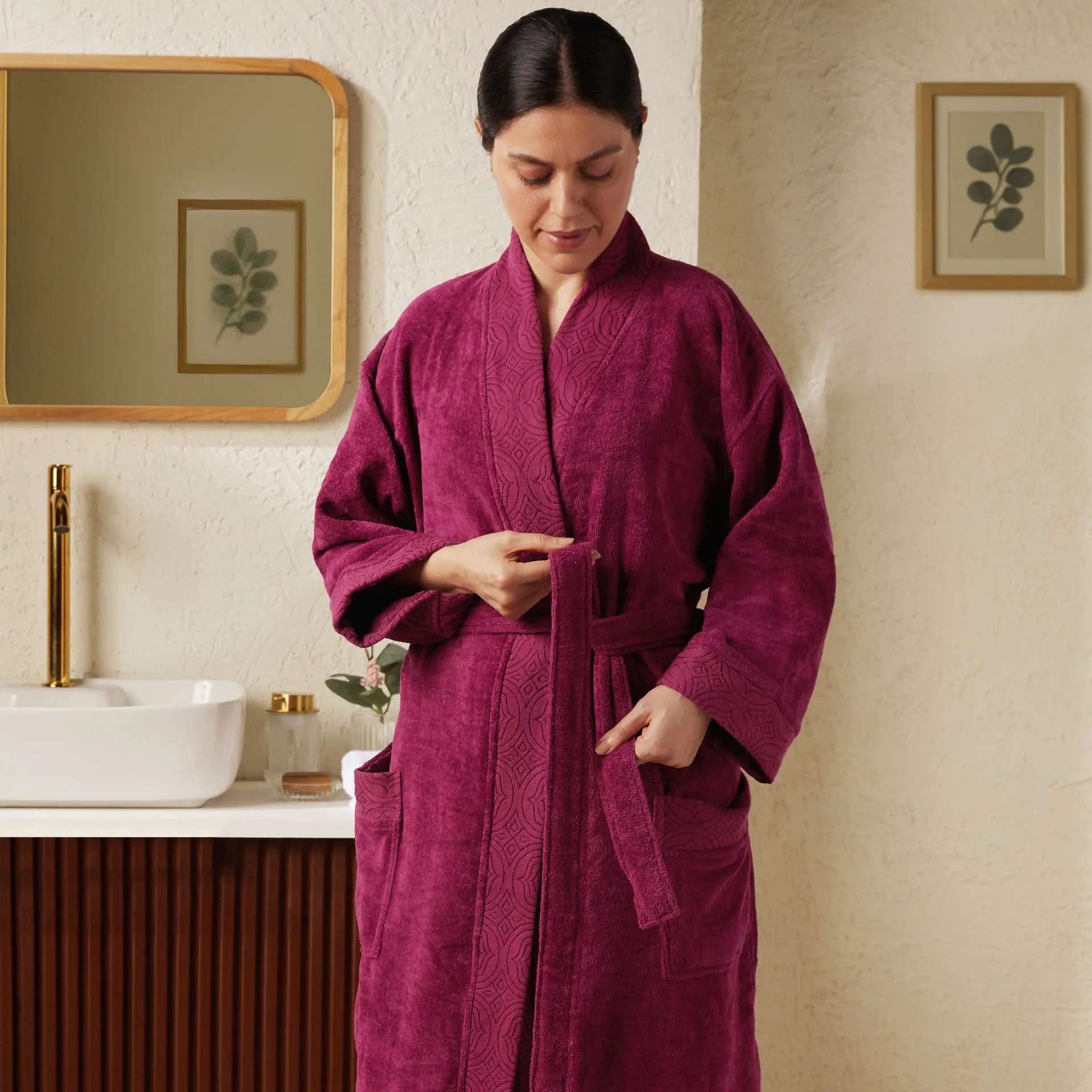Waffle Jacquard 280 GSM 100% Cotton Maroon Medium Bath Robe | De Jacquard