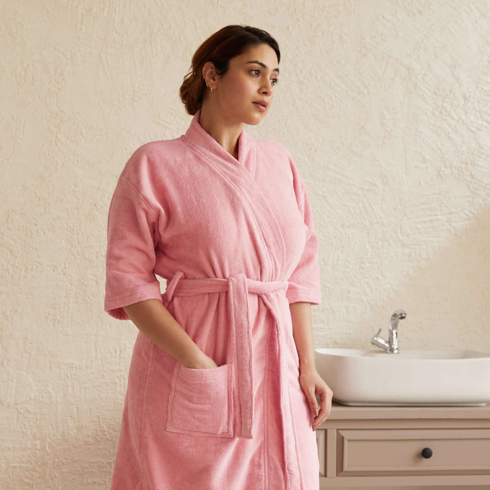 Solid Dyed 360 GSM 100% Cotton Rose Pink Medium Bath Robe | Paleto