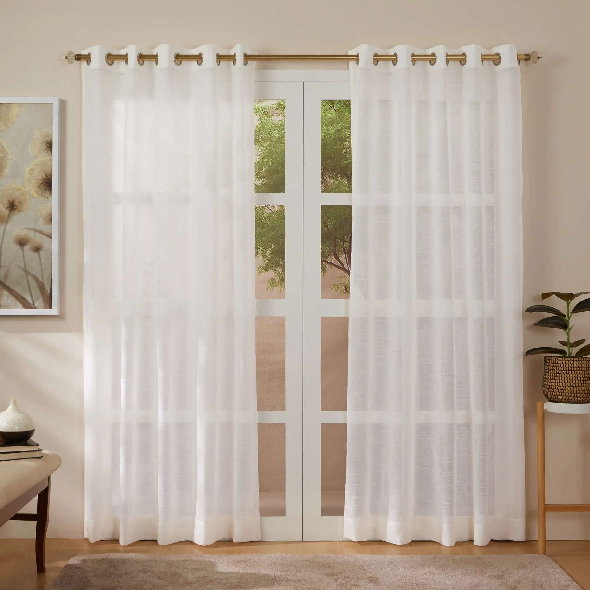 Sheer Polyester Cotton Linen blend Snow Set of 2 Door Curtains | Velina