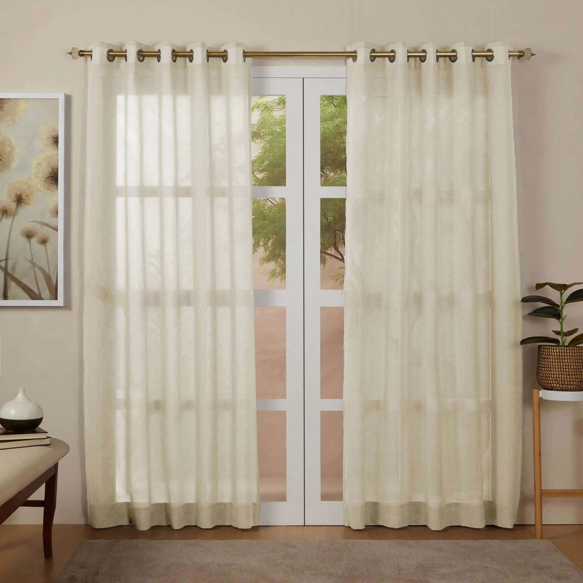 Sheer Cotton Polyester blend Sand Set of 2 Door Curtains | Velina