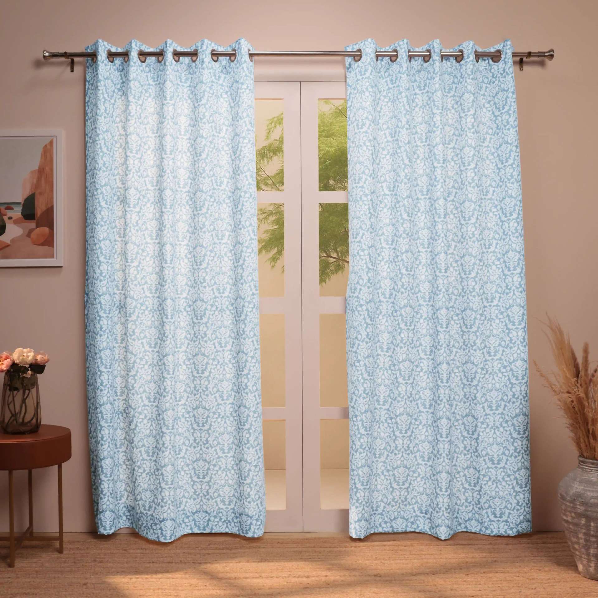 Indian Heritage 100% Polyester Pale Blue Set of 2 Door Curtains | Chippa Lane