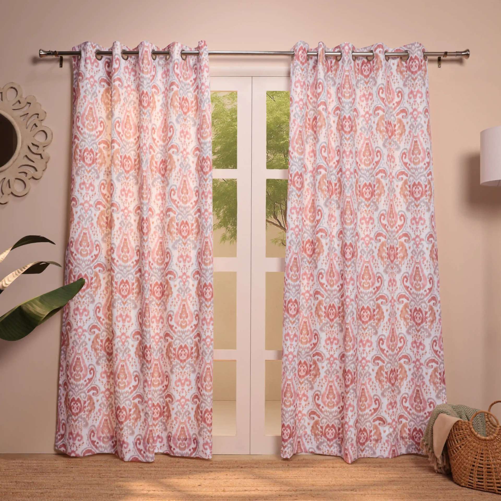 Indian Heritage 100% Polyester Sunset Coral Set of 2 Door Curtains | Chippa Lane