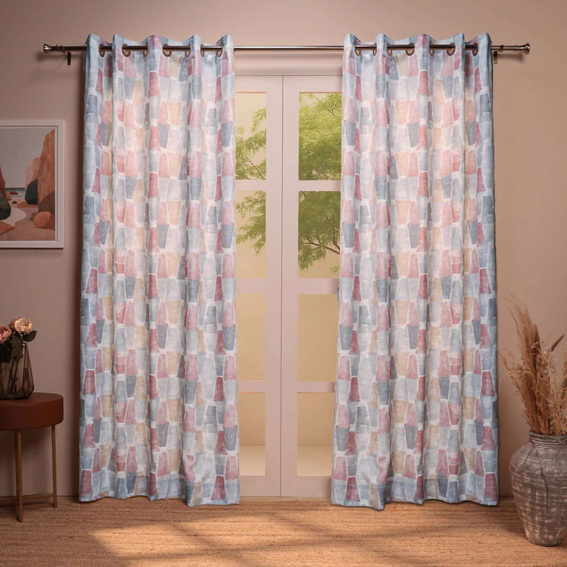 Geometric 100% Polyester Ash Grey Set of 2 Door Curtains | Chippa Lane