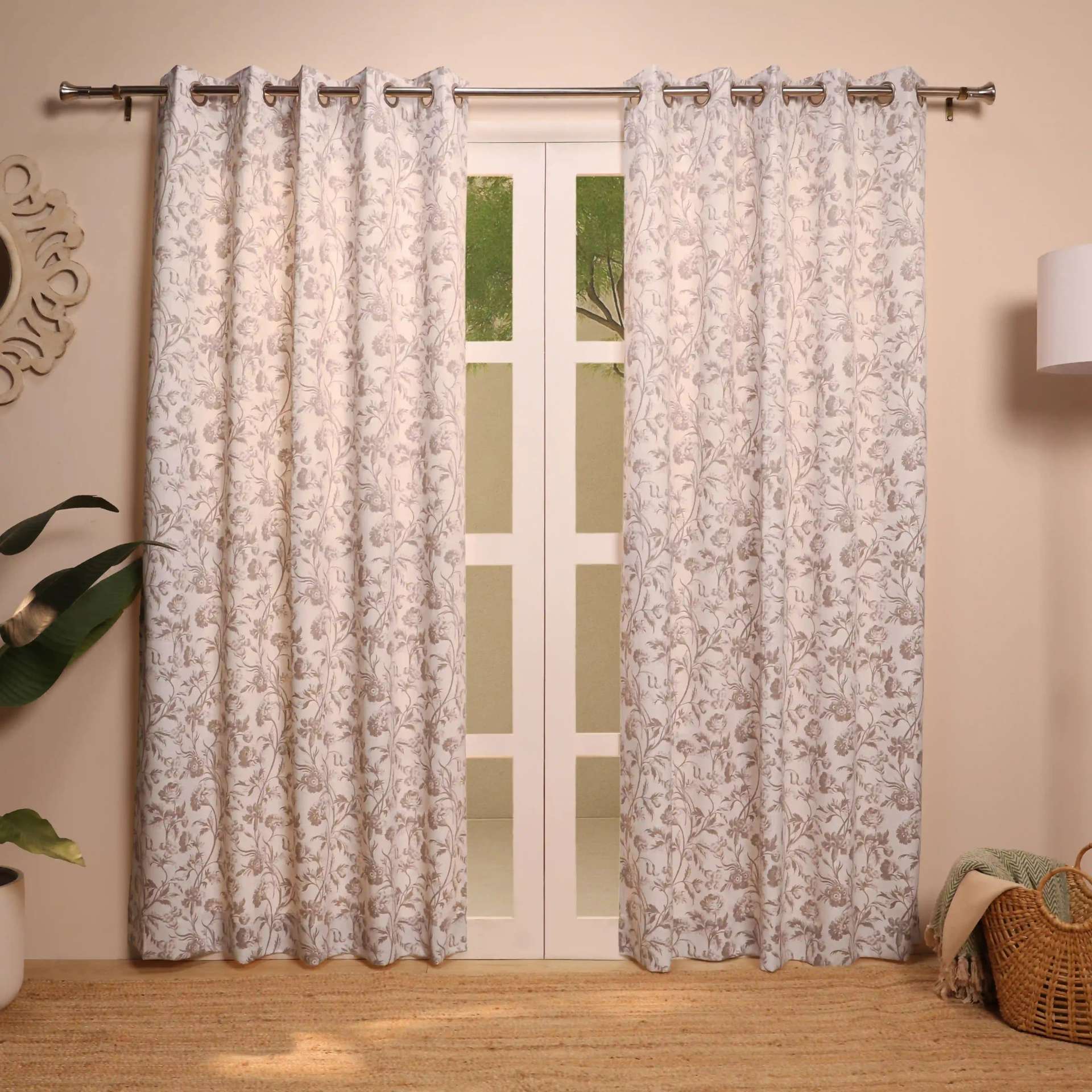 Floral 100% Polyester Walnut Set of 2 Door Curtains | Bloomshire Classic