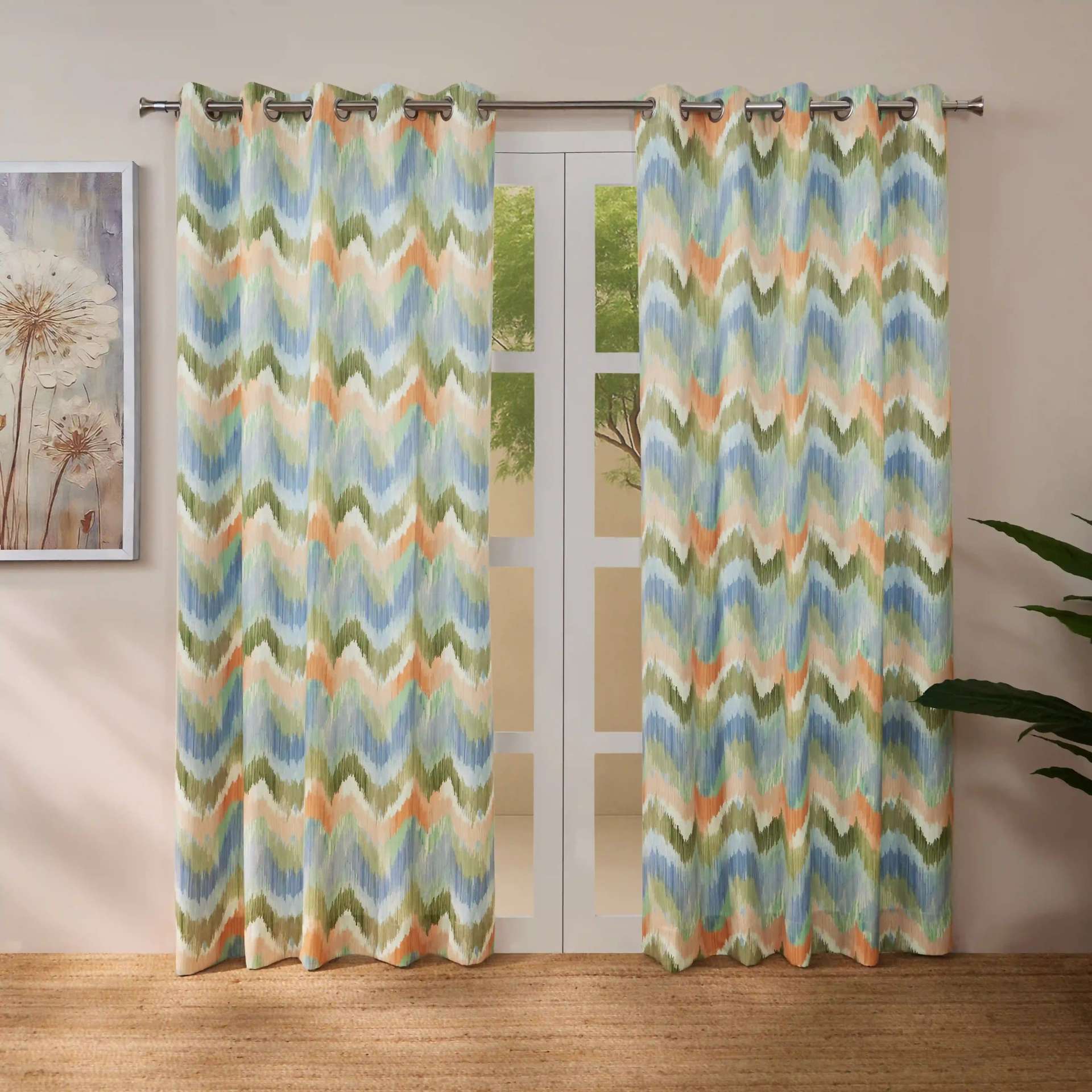 Abstract 100% Polyester Indigo Set of 2 Long Door Curtains | Bloomshire Classic