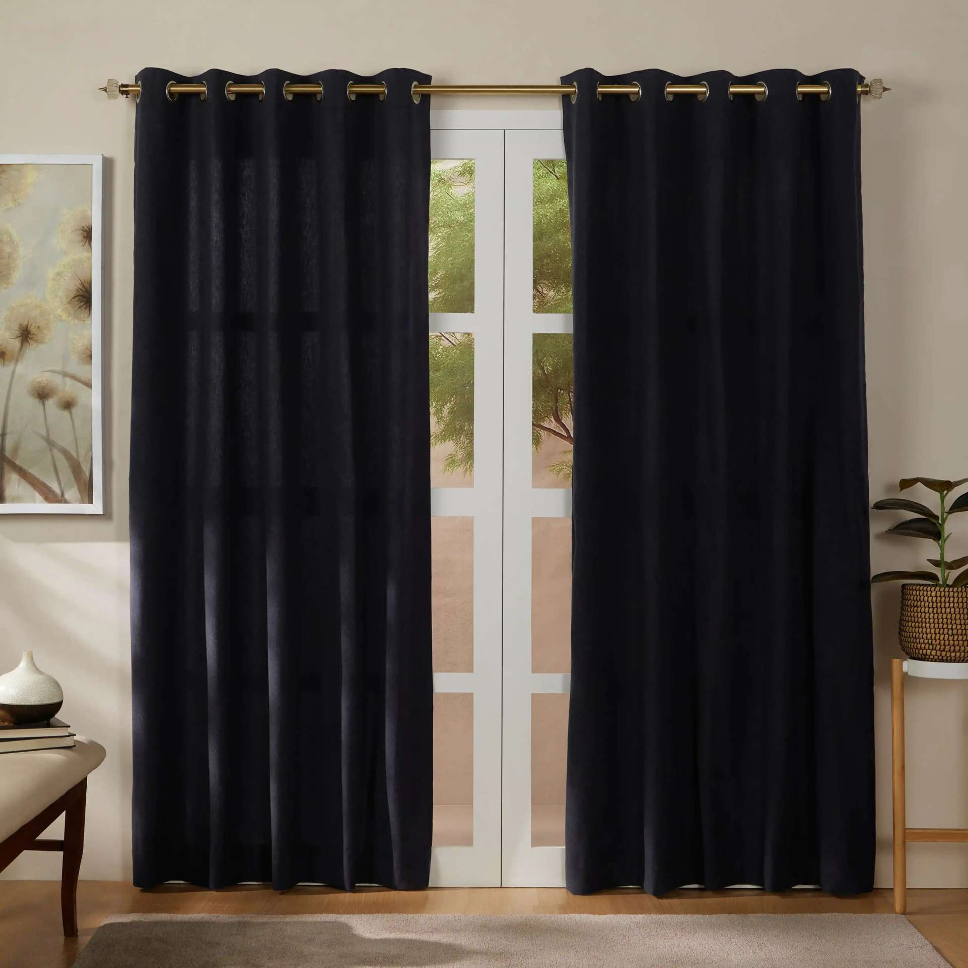 Solid Dyed 100% Cotton Black Beauty Set of 2 Long Door Curtains | Pelushe