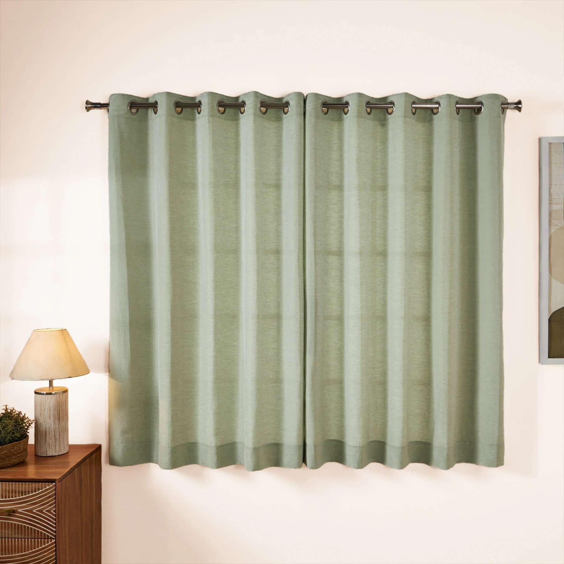 Solid Dyed Linen Cotton Polyester blend Green Tea Set of 2 Window Curtains | Paleto