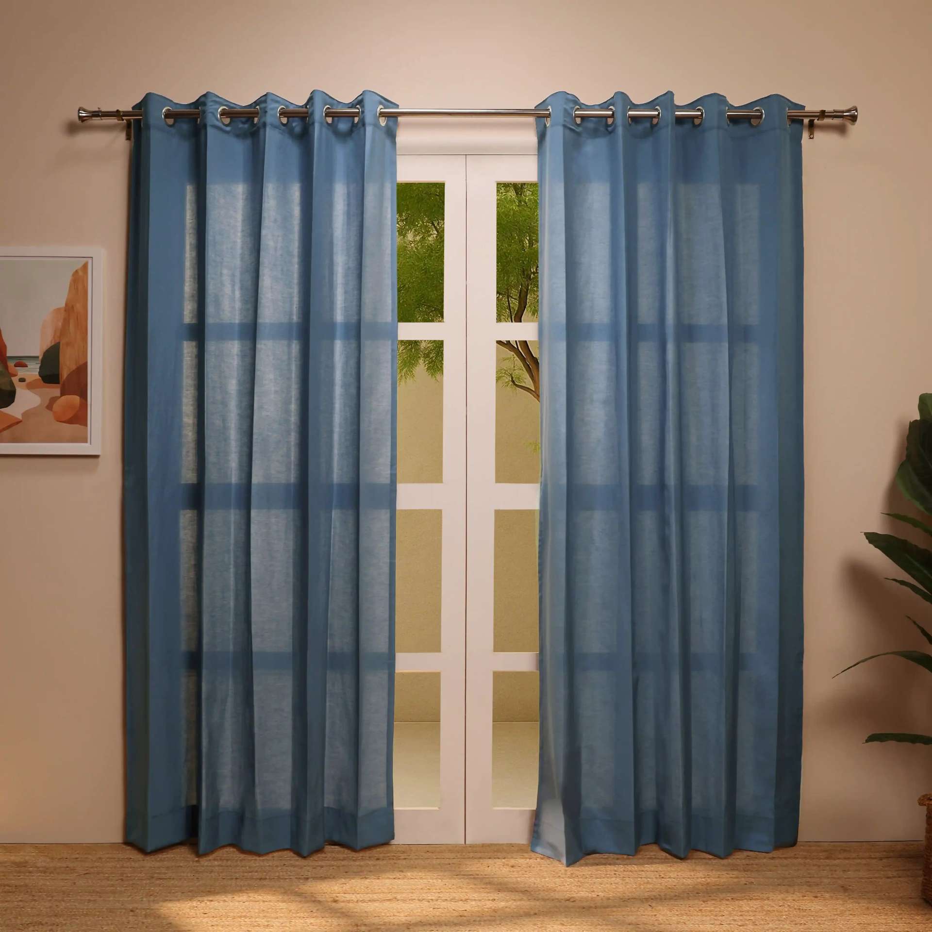 Solid Dyed Linen Cotton Polyester blend Denim Set of 2 Door Curtains | Paleto
