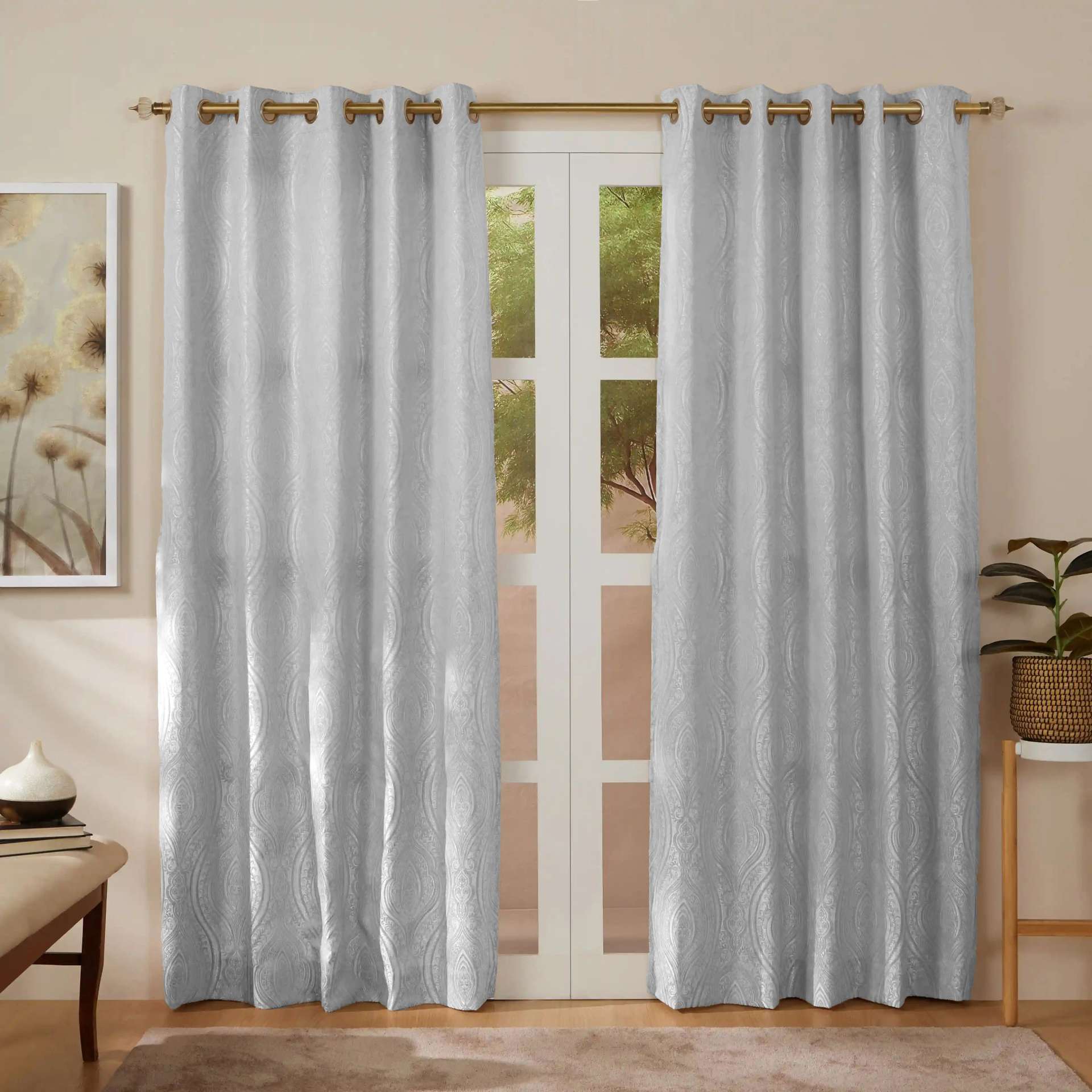Jacquard Polyester Cotton blend Silver Set of 2 Door Curtains | De Jacquard Luxe