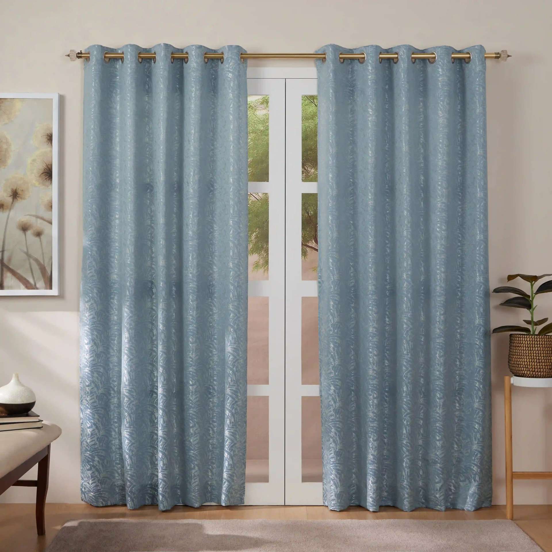 Jacquard Polyester Cotton blend Blue Dust Set of 2 Door Curtains | De Jacquard Luxe