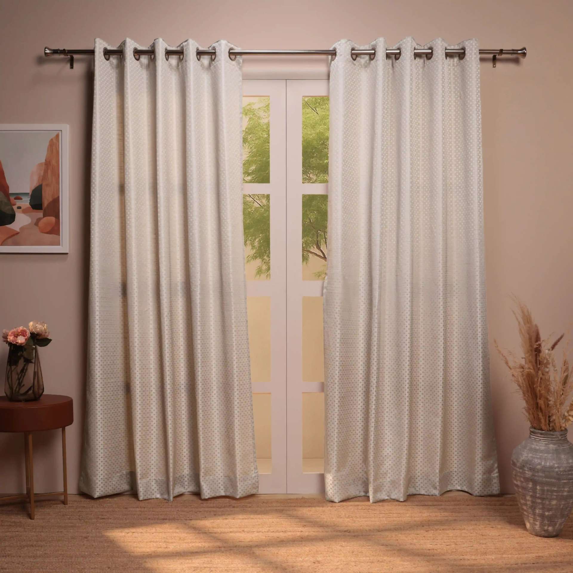 Jacquard Polyester Cotton blend Bone Set of 2 Long Door Curtains | De Jacquard Classic