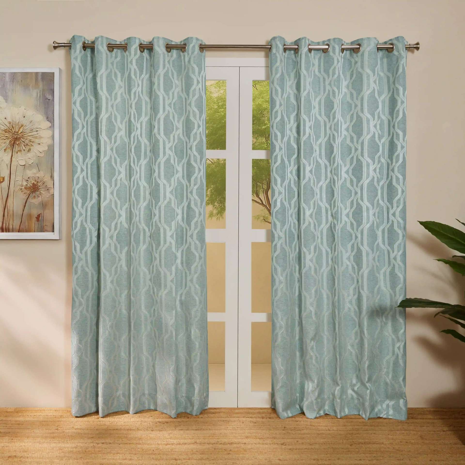 Jacquard Polyester Cotton blend Aqua Set of 2 Door Curtains | De Jacquard Classic
