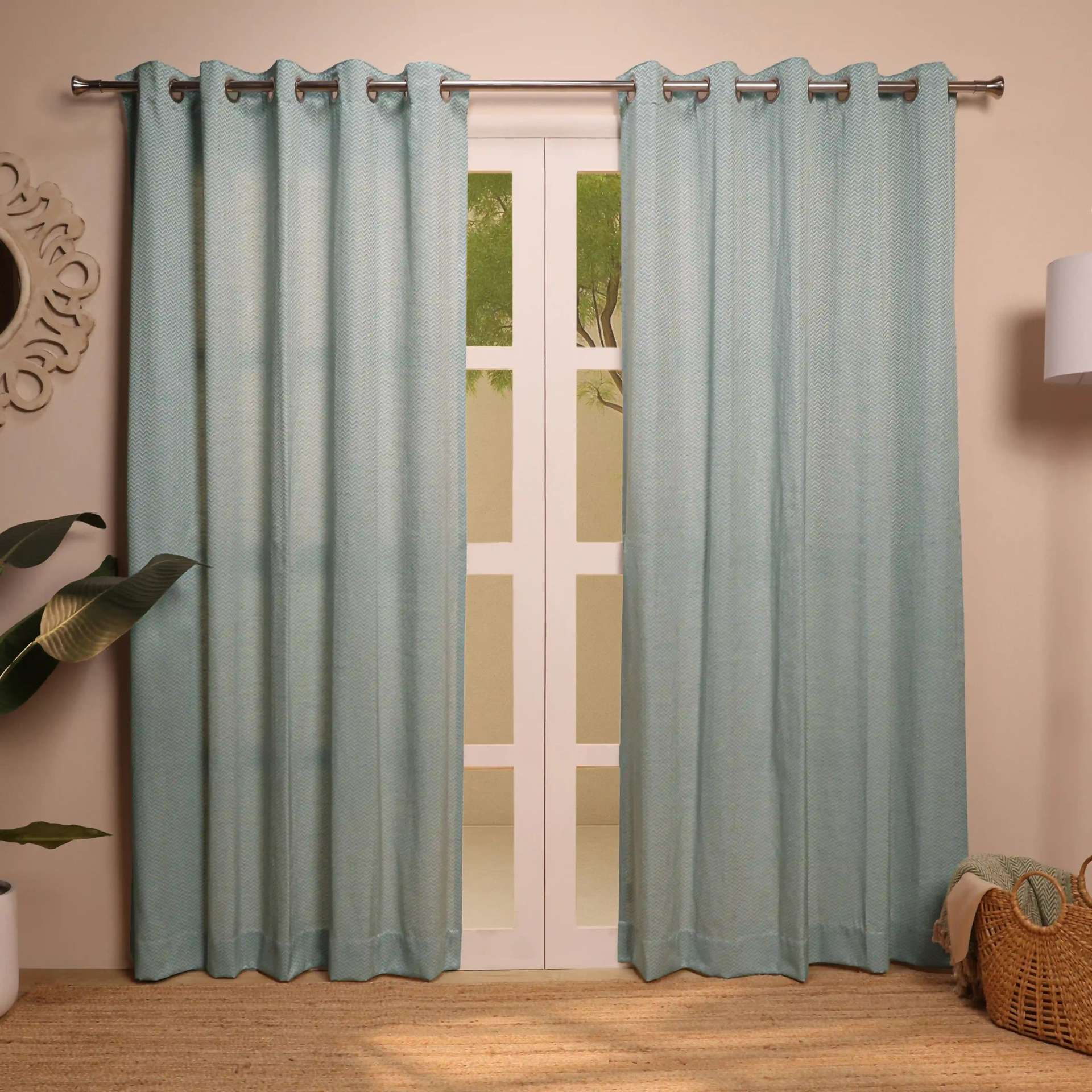 Jacquard Polyester Cotton blend Blue Dust Set of 2 Door Curtains | De Jacquard Classic