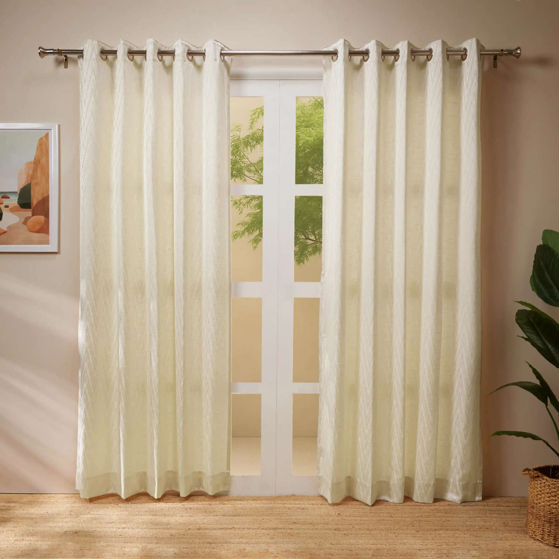 Jacquard Polyester Cotton blend Ivory Set of 2 Door Curtains | De Jacquard Classic