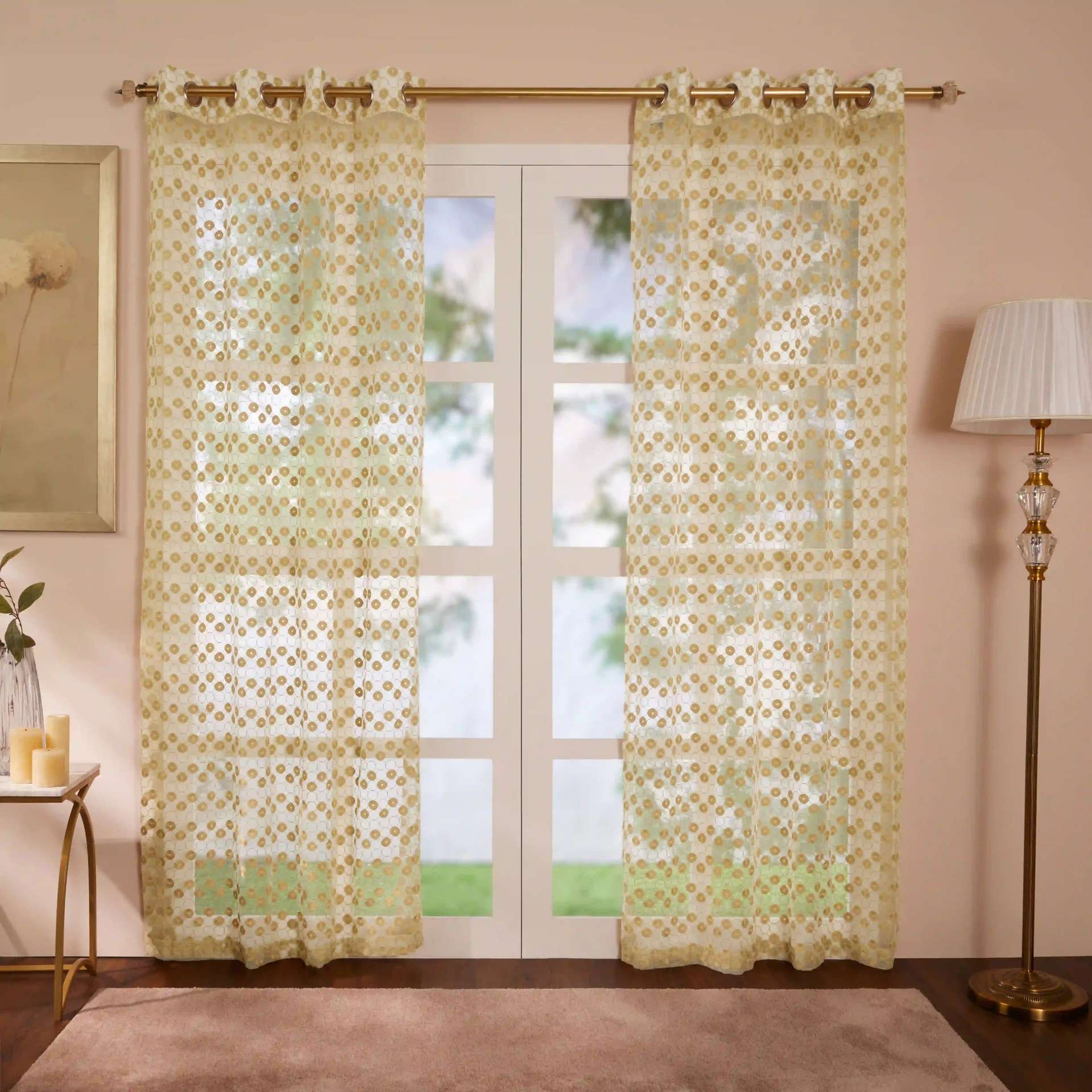 Sheer 100% Polyester Golden Ivory Set of 2 Door Curtains | Velina