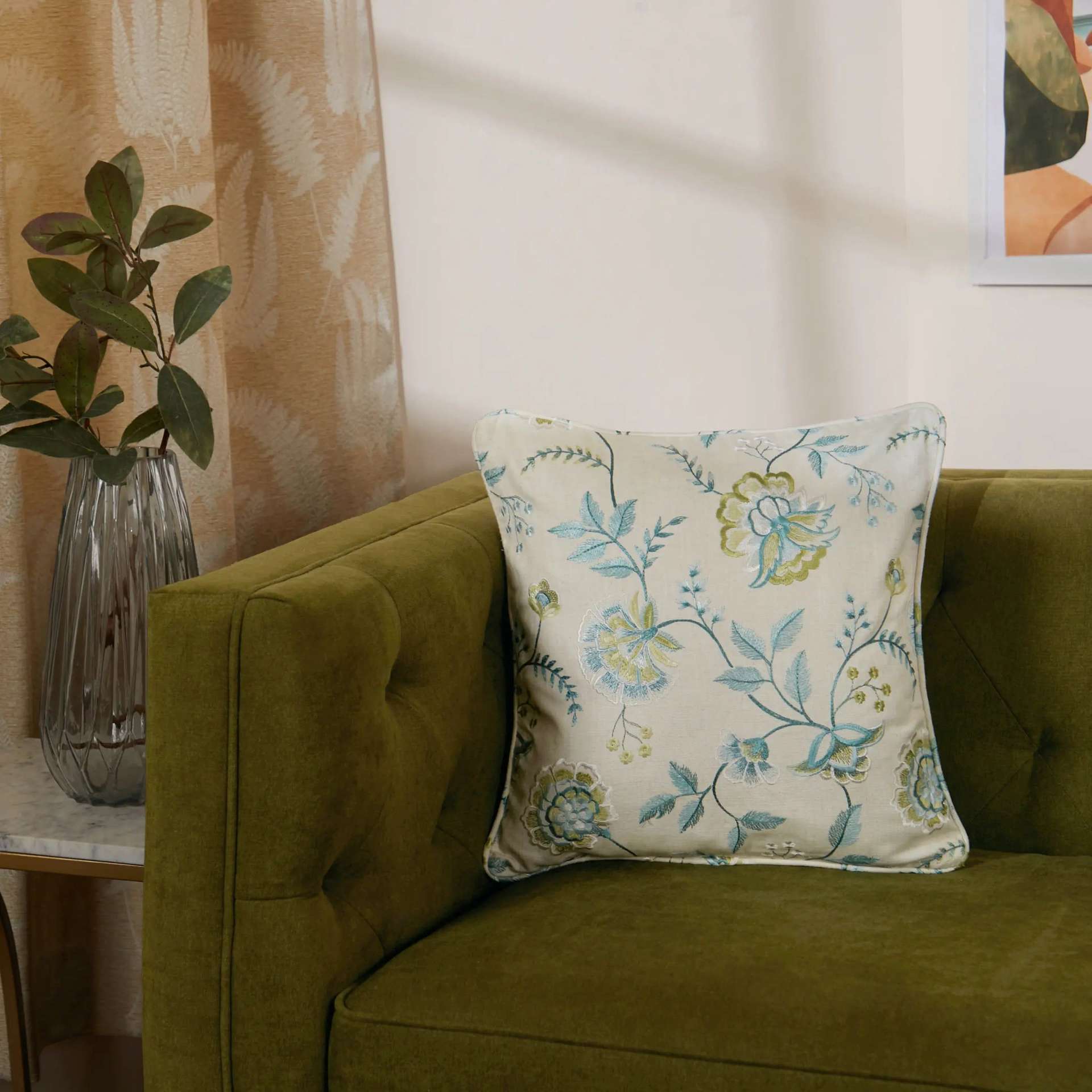 Floral Viscose Linen Blend Frosty Teal Cushion Cover | Estrella