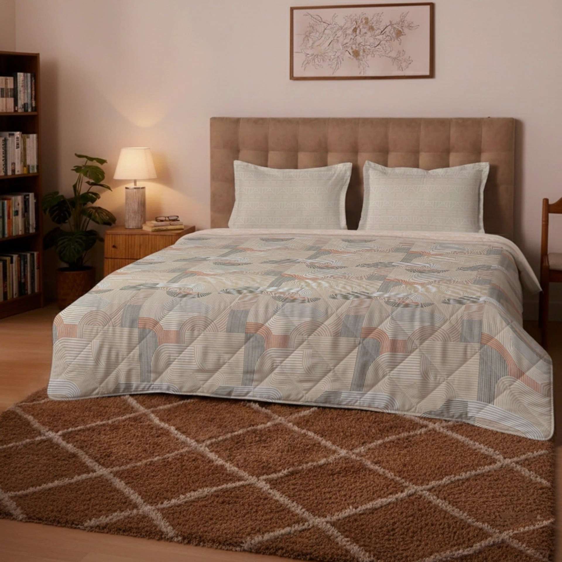 Geometric 150 GSM 100% Cotton Neutral Beige King Comforter | Udyan Tales