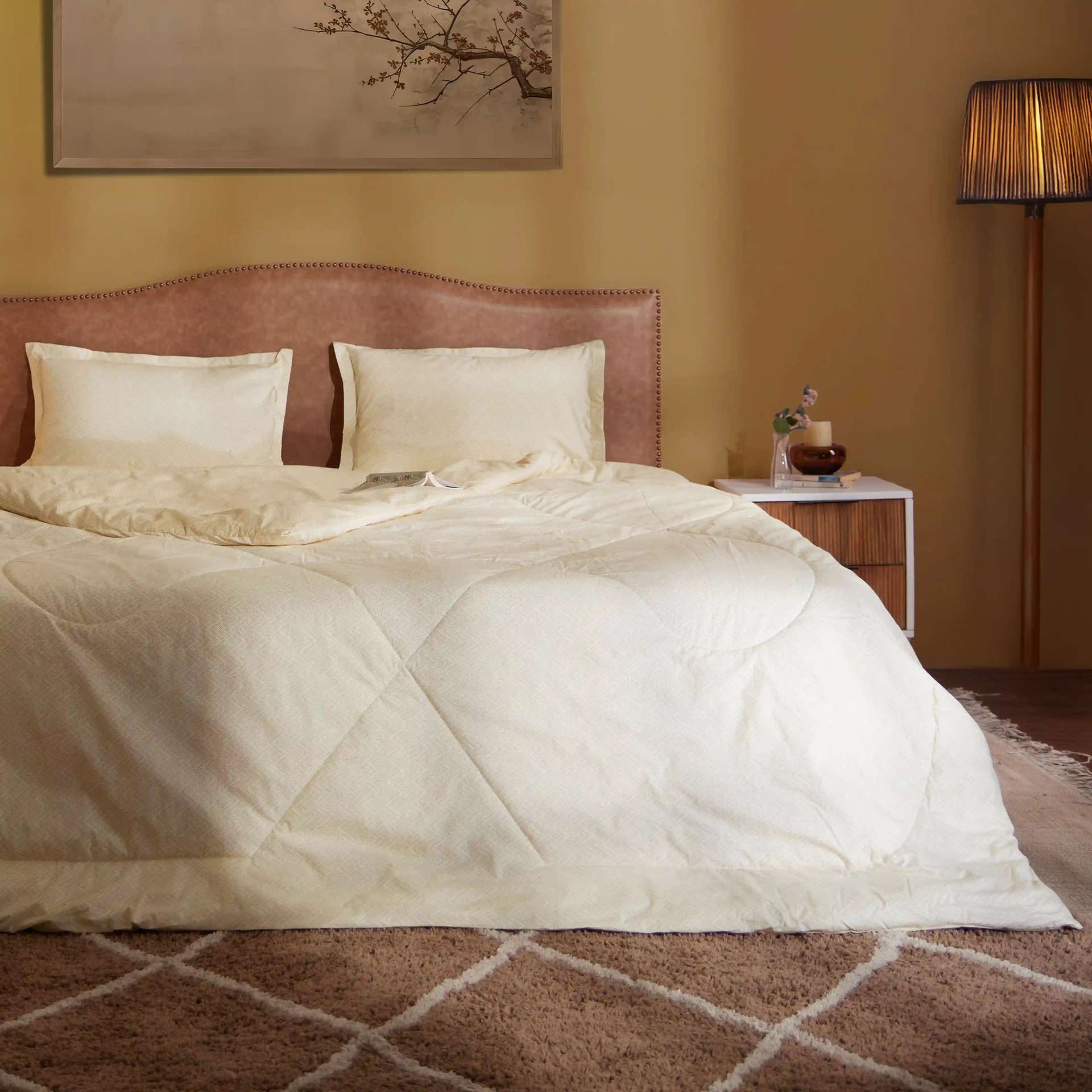Geometric 120 GSM 100% Cotton Beige Double Comforter | Threadscapes